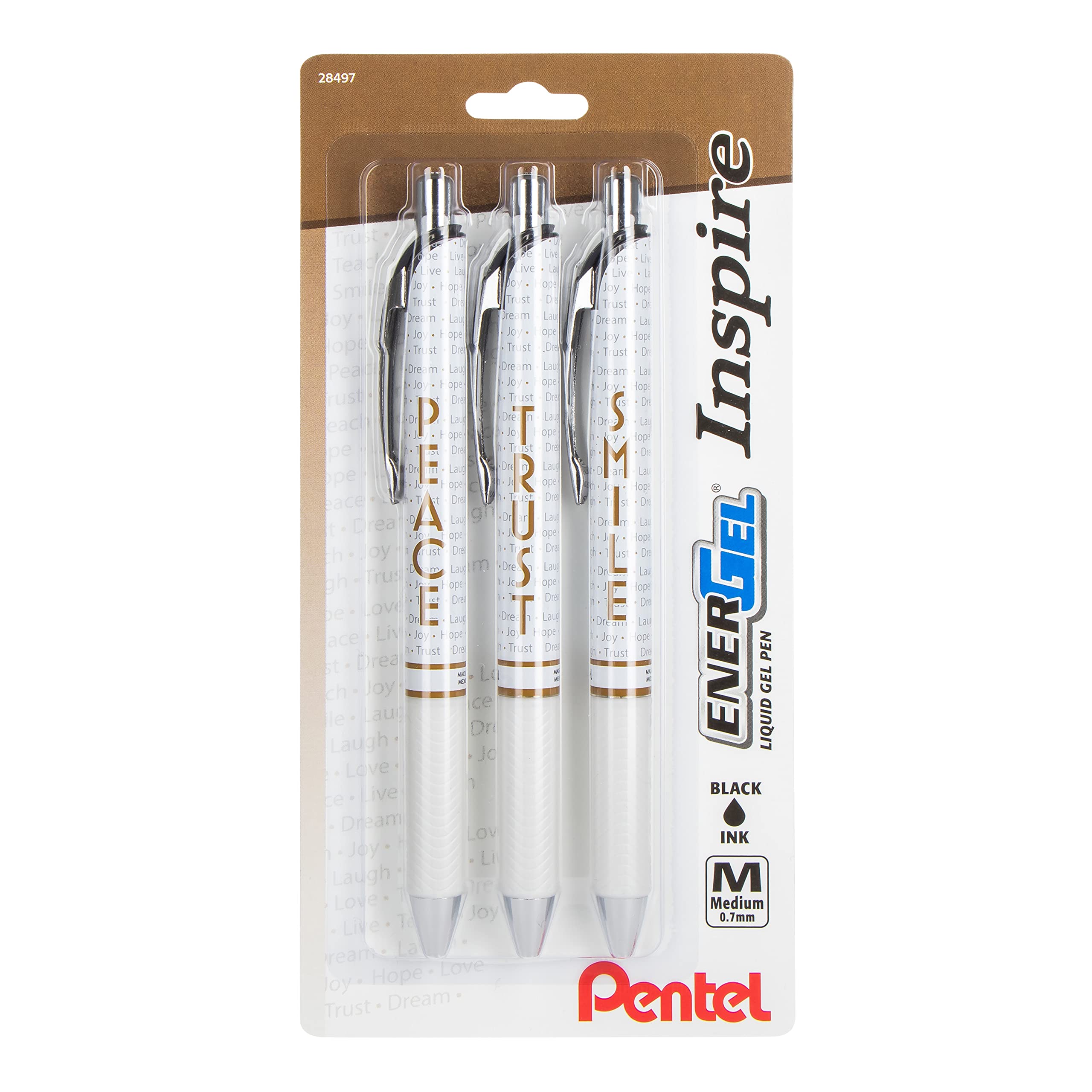 Pentel Energel Inspire Peace/Trust/Smile, (0.7Mm) Medium Line, Black Ink, Pack Of 3 (Bl77Inspbp3M)