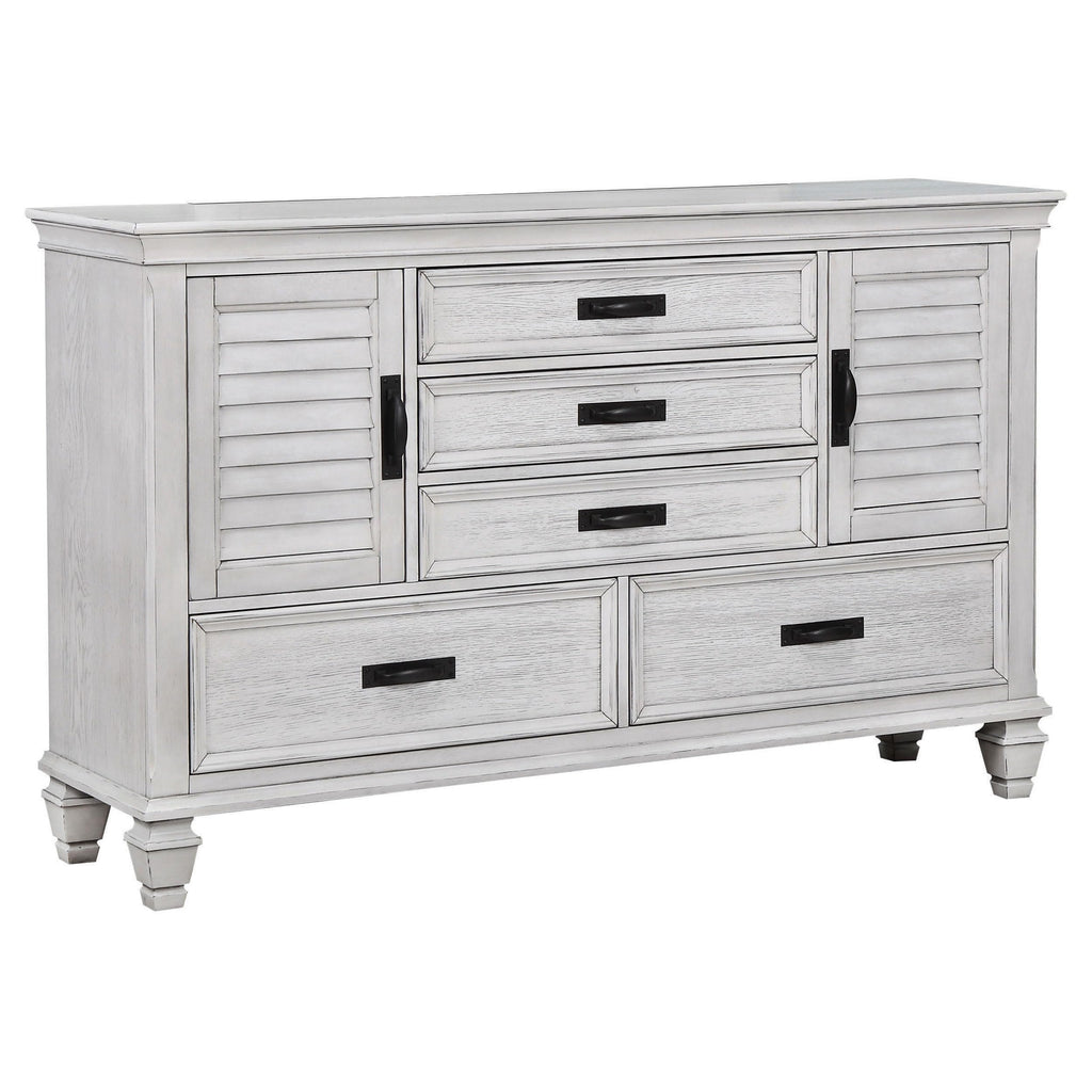 Coaster Home Furnishings Franco Farmhouse 4-Piece Bedroom Set Eastern King Size Panel Bed Frame 57-inch Headboard Distressed White 205331KE-S4
