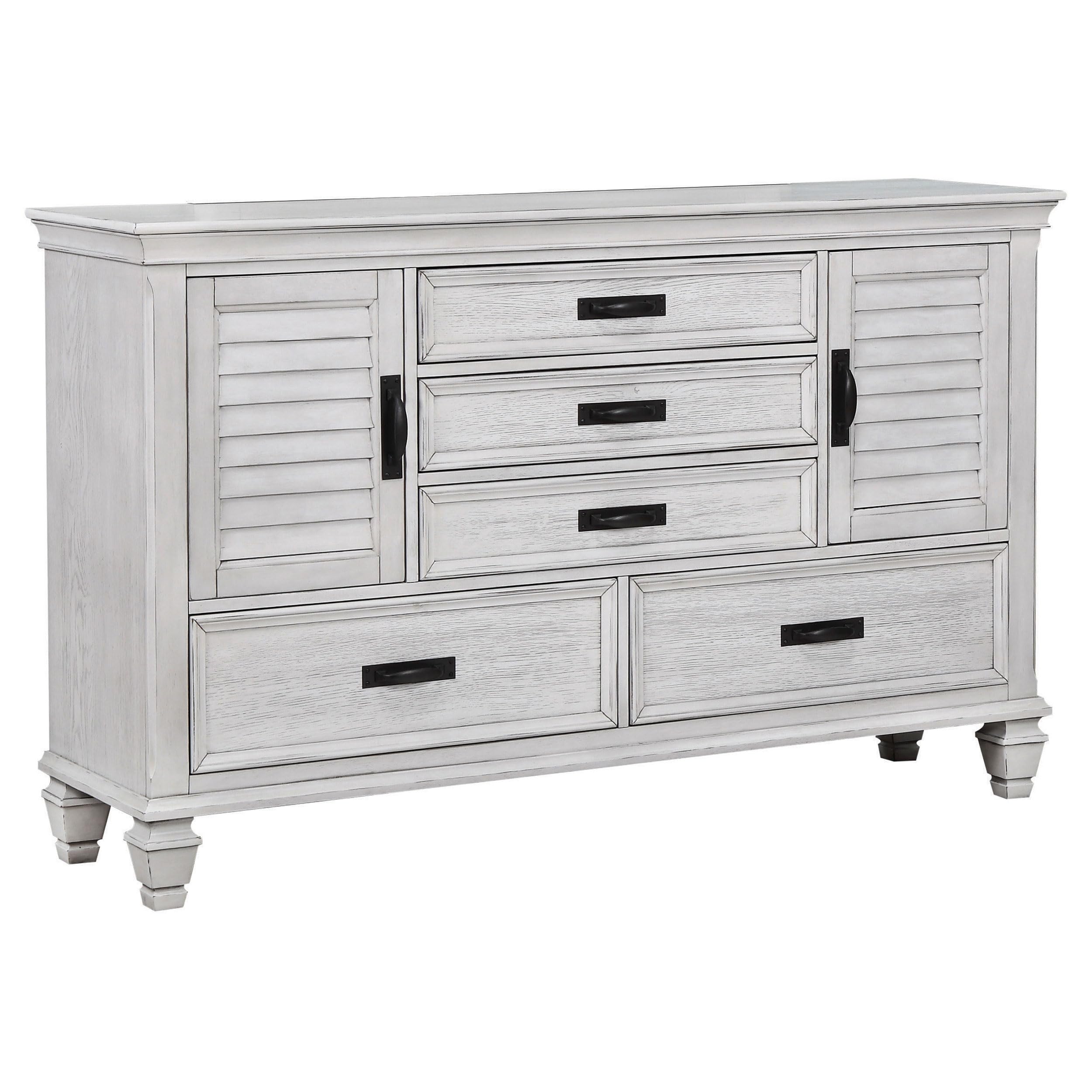 Coaster Home Furnishings Franco Farmhouse 4-Piece Bedroom Set Eastern King Size Panel Bed Frame 57-inch Headboard Distressed White 205331KE-S4