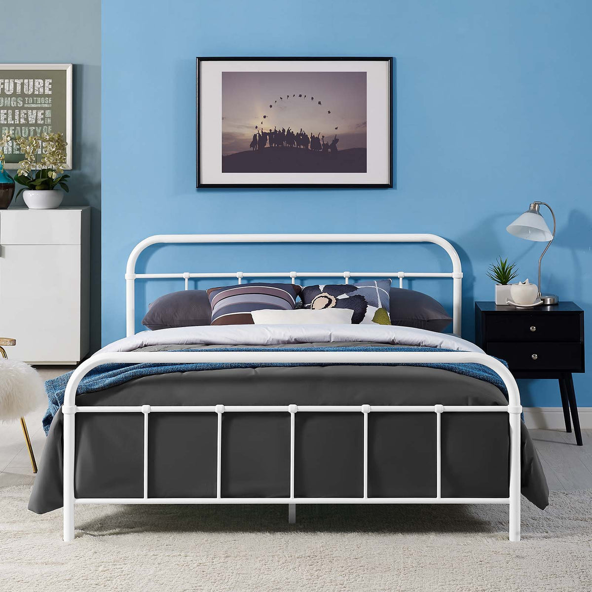 Modway Maisie Steel Metal Farmhouse Platform Queen Bed Frame With Headboard In White