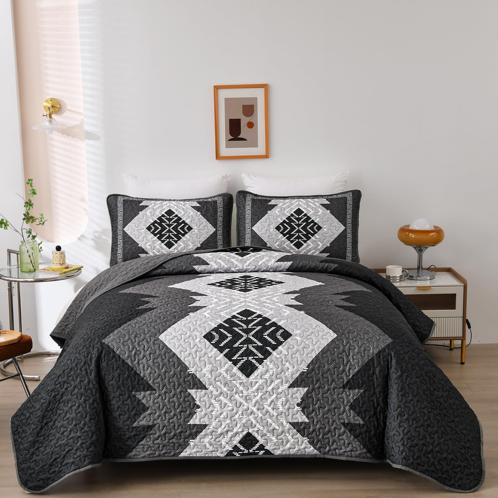 Dintszyayue Boho Quilt Set King Size 3 Pieces Black Grey Aztec Texture Bedspread Coverlet Set Bohemian Quilt Bedding Set Microfi