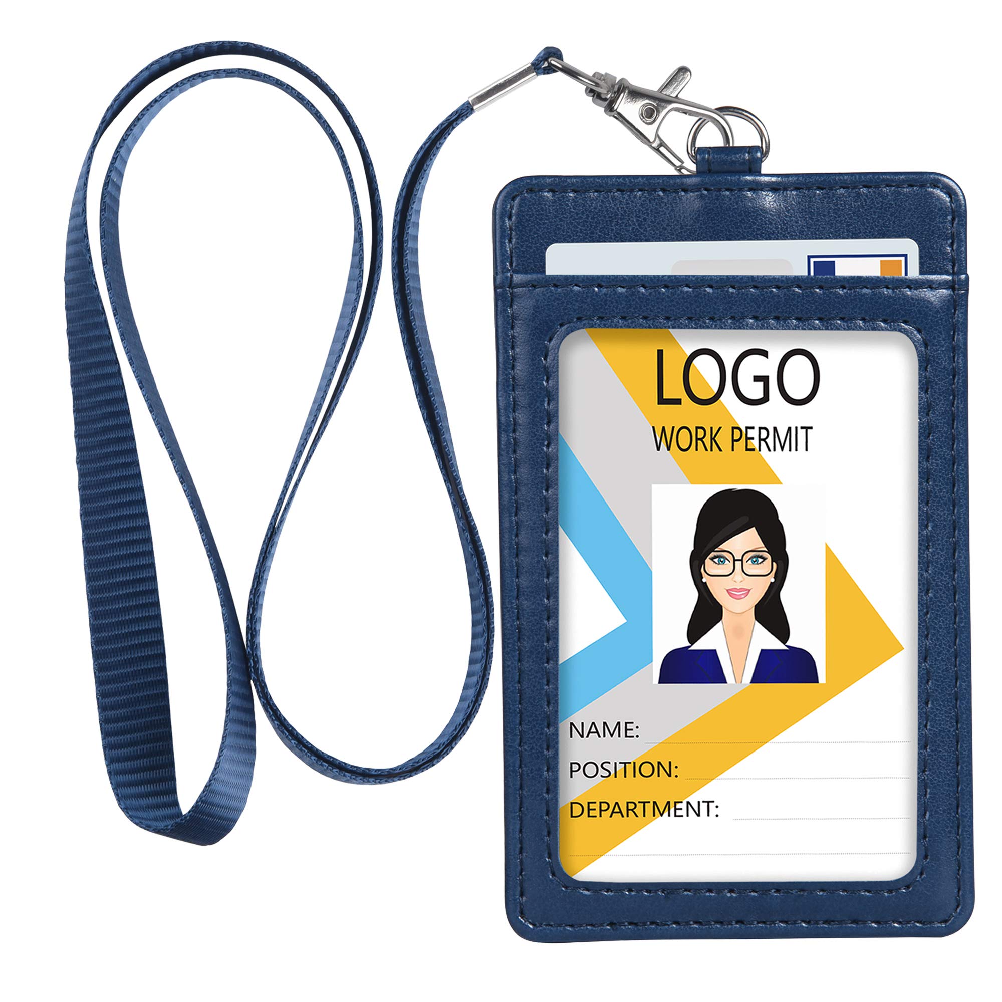 Teskyer Badge Holder With Lanyard, Leather Id Name Badge Card Holder With Lanyard For Id Badges, Vertical Blue