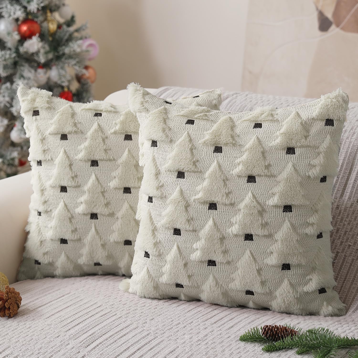 Allorry Christmas Pillow Covers 18X18 Inch Set Of 2 Cream Christmas Tree Throw Pillow Cases Decorations Soft Plush Faux Fur Wool