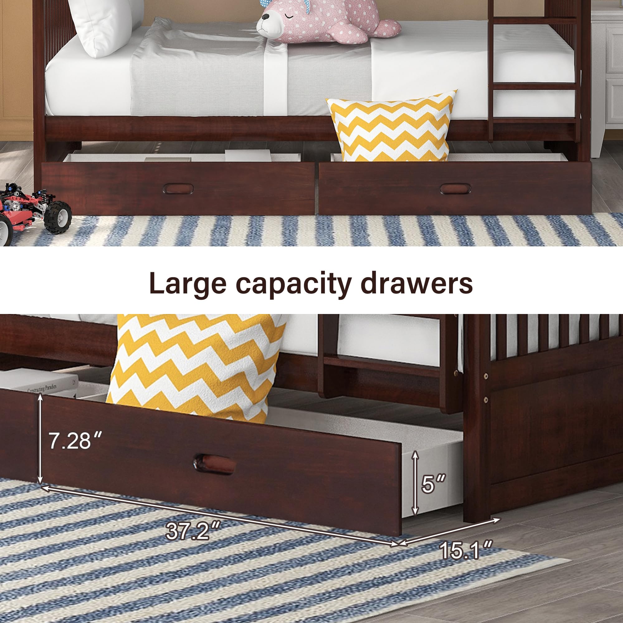 Merax Wood Bunk Bed With Drawers,Convertible Wood Bunk Bed With Ladders And Two Storage Drawers,Solid Wood Detachable Bunk Bed Frame With Ladders,Twin Over Twin Size,Espresso