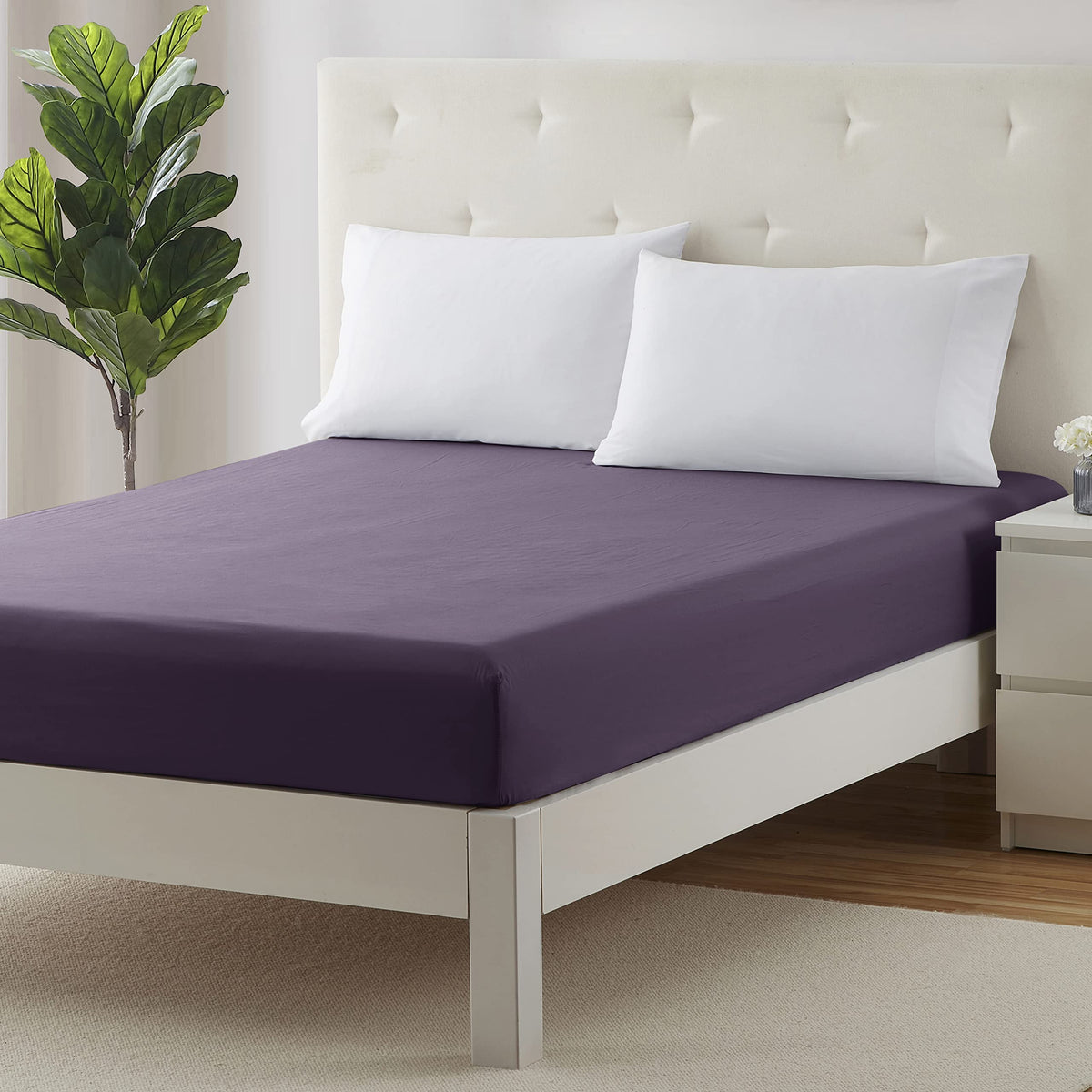 Clara Clark Fitted Sheet, Extra Deep Pocket Fits Deep Mattress, Luxury Soft Fitted Sheet Only, King Eggplant Purple