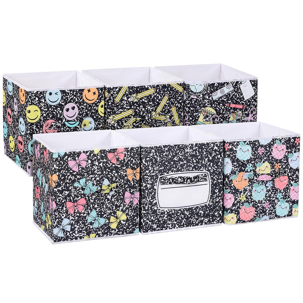 BrightRow 6 Pcs 11 Inch Composition Notebook Cube Storage Bins Collapsible Storage Organizer with Handles Fabric Container Baske