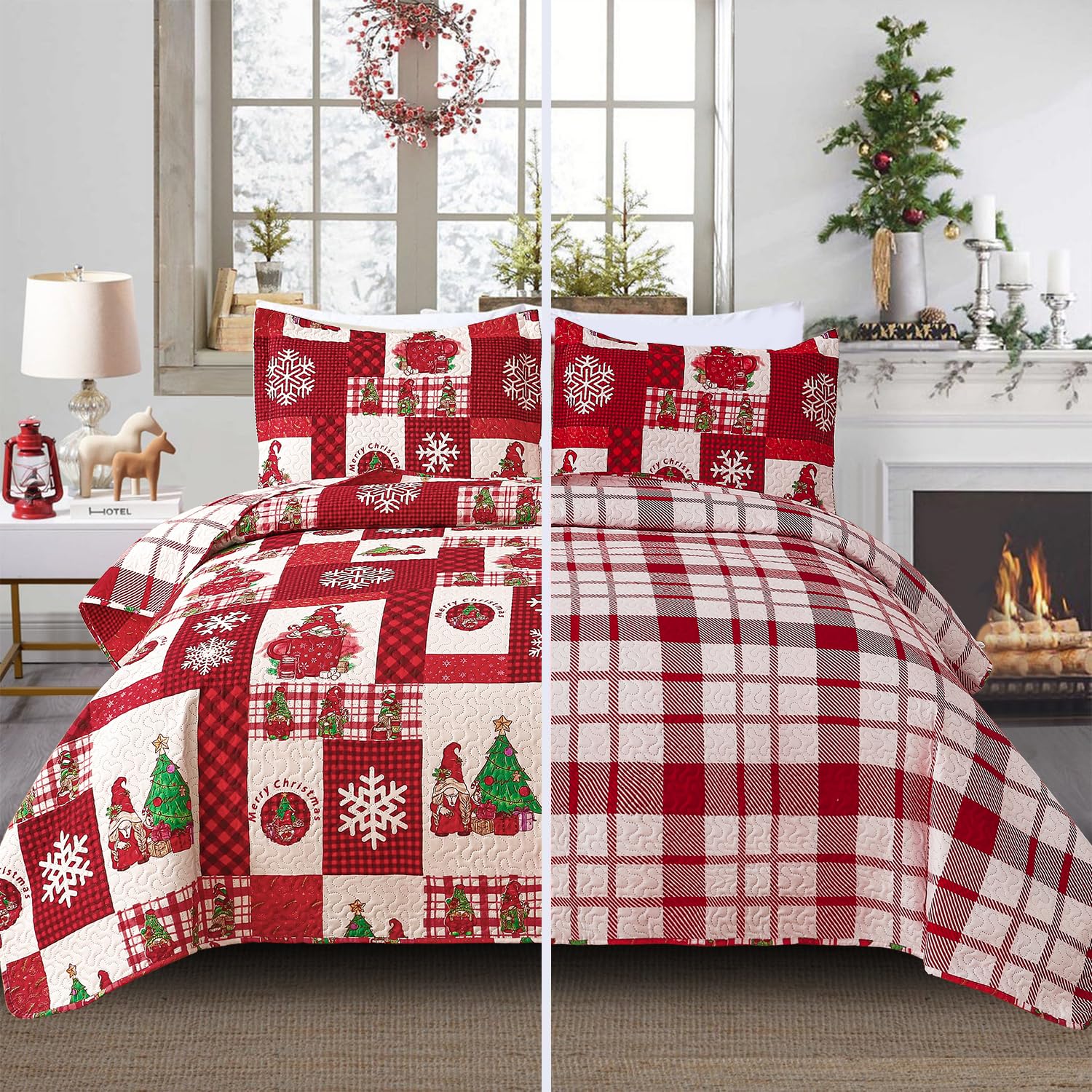 Smuge Christmas Bedspread Quilt Sets Queen Size - Reversible Christmas Tree Snowflake Red Plaid New Year Winter Holiday Coverlet