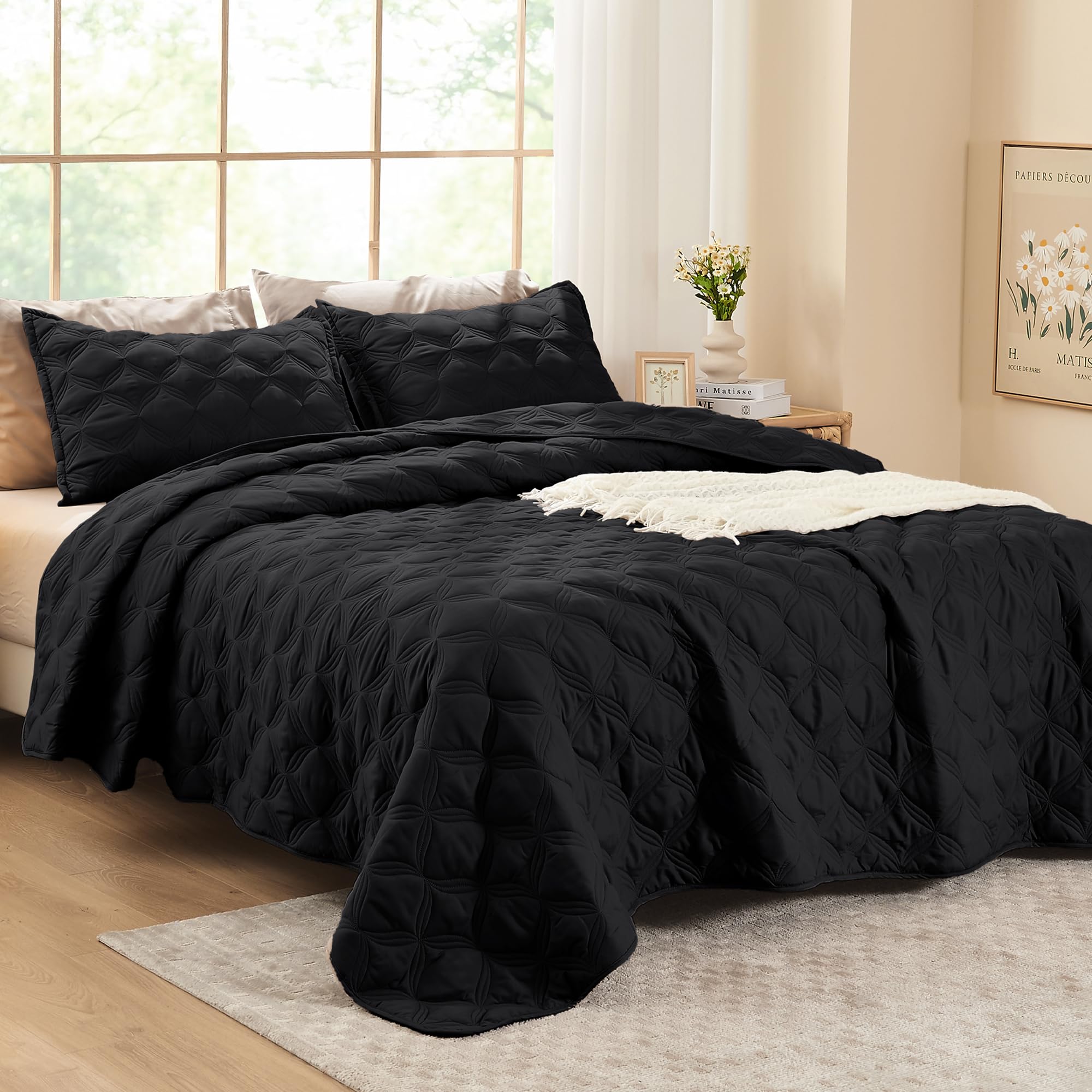 Litanika King Size Quilt Bedding Set, Black Summer Lightweight Soft Comforter Bedspreads & Coverlets, Boho Farmhouse Bedding Cov