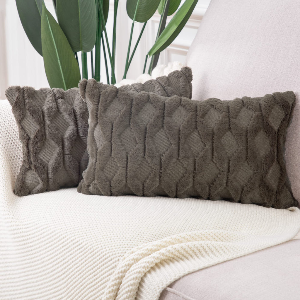 Madizz Set Of 2 Soft Plush Short Wool Velvet Decorative Throw Pillow Covers 12X20 Inch Dark Taupe Rectangular Luxury Style Cushi