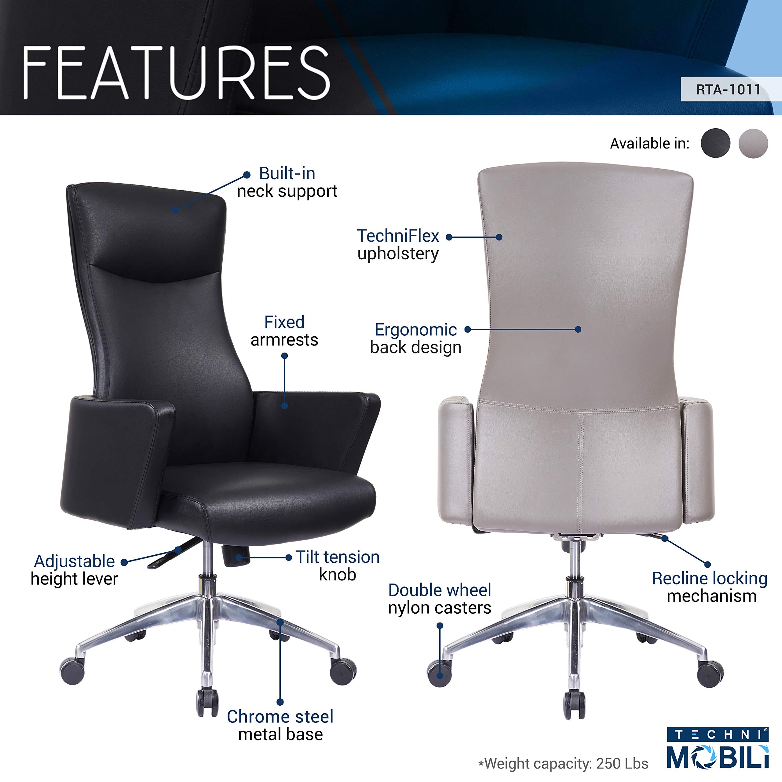 Techni Mobili Ergonomic Office Chair ?Height Adjustable Desk Chair with Lumbar Support and Adjustable Headrest - Black