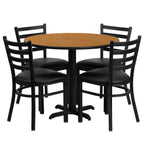 Flash Furniture Carlton 36'' Round Natural Laminate Table Set with X-Base and 4 Ladder Back Metal Chairs - Black Vinyl Seat