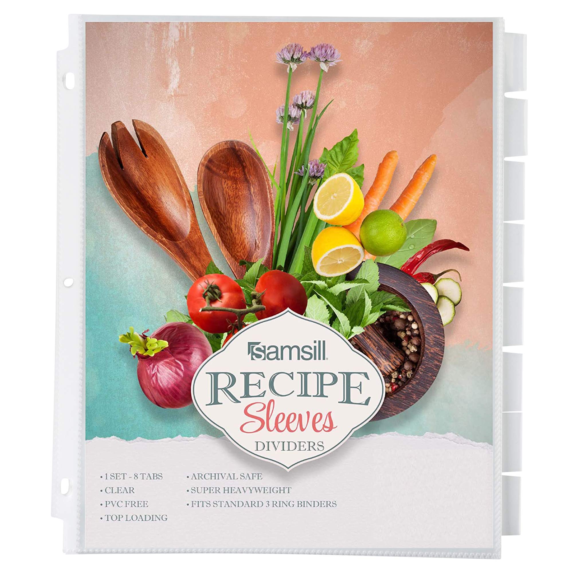 Samsill 8 Tab Recipe Dividers, Recipe Sleeves, Sheet Protector Dividers, With Tab Inserts, Clear, Super Heavyweight, Top Loading