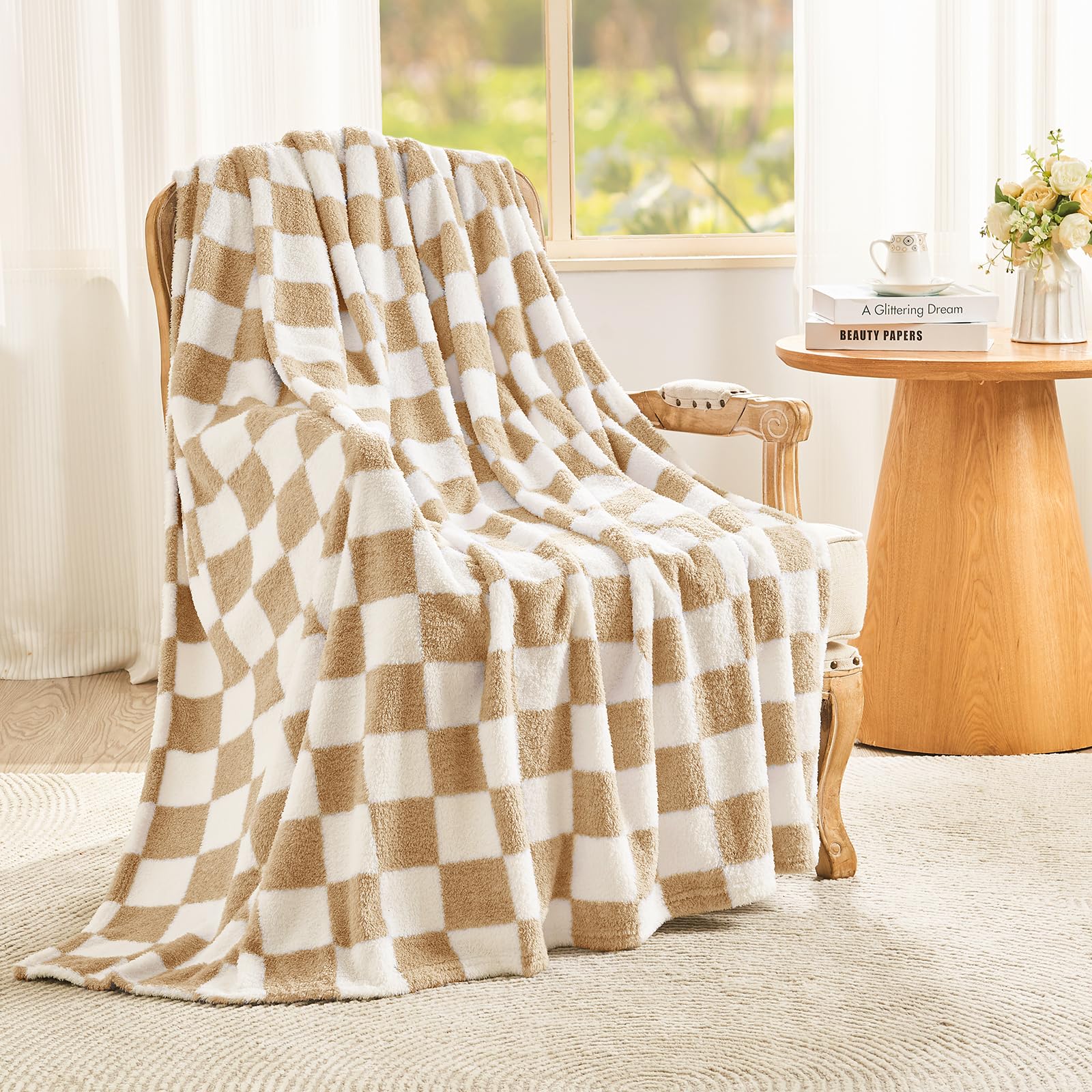 Emme Checkered Blanket Twin Size - 60'*80' Beige Soft Fluffy Warm Throw Blankets For Couch, Sofa, Chair, Bed, Camping, Picnic,