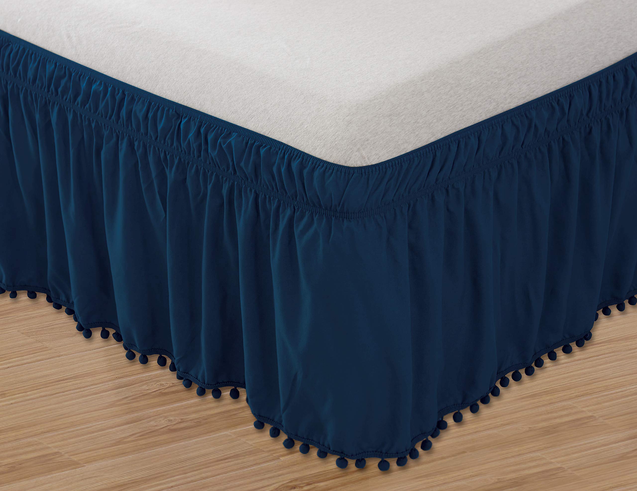 Celine Linen Luxury Top-Knot Tassle Pompom Fringe Ruffle Bed Skirt -Wrap Around Style- Elastic Bed Wrap- Wrinkle Resistant 16Inc