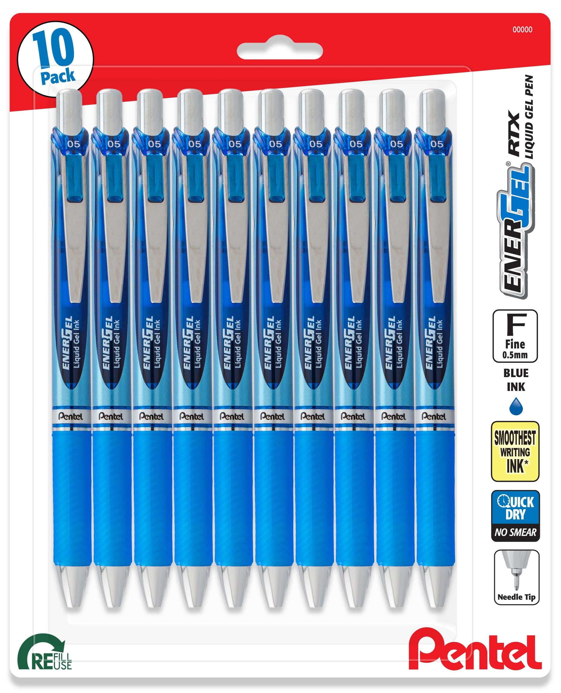 Pentel Energel 0.5 Mm Needle Tip Pens - Rtx Retractable Liquid Gel Pen - Blue Ink - Pack Of 10