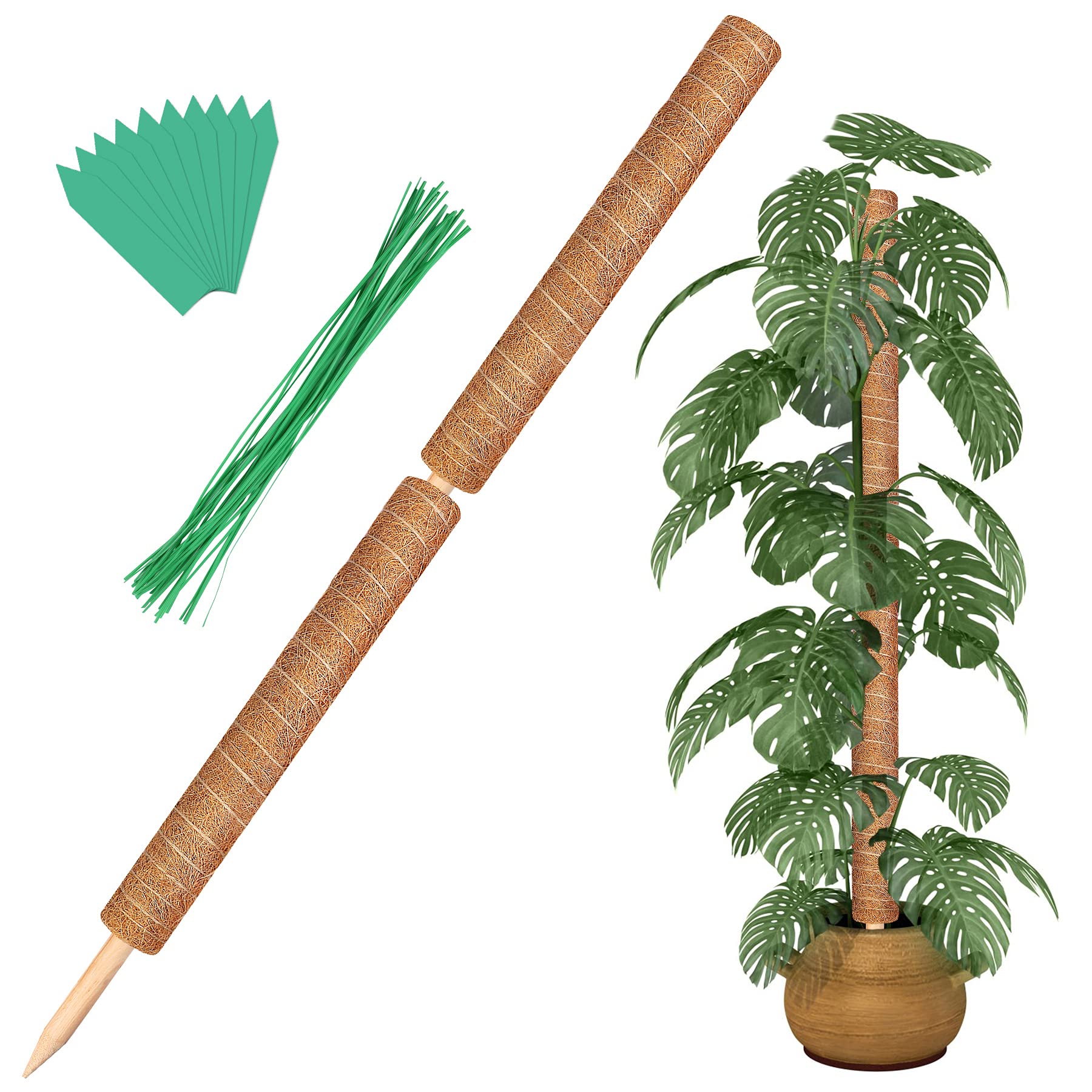 Moss Pole, Augshy Total Length 43 Inch Moss Poles - 2Pcs 24 Inch Plants Support Stakes Pole For Indoor Plants Coir Totem Pole Fo