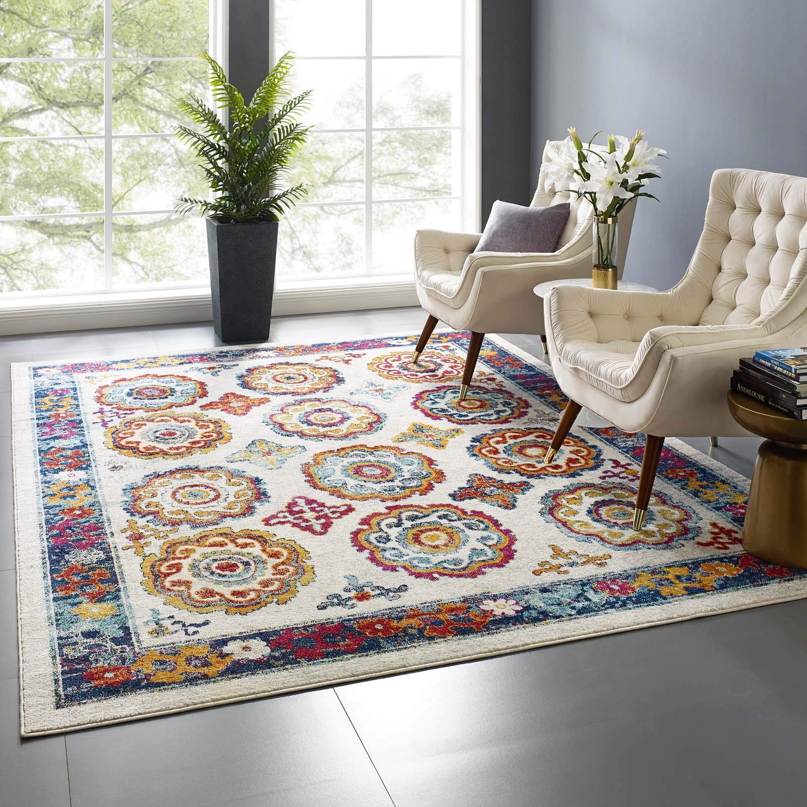Modway Entourage Odile Transitional Distressed Vintage Floral Moroccan Trellis 8X10 Area Rug, Ivory, Blue, Red, Orange, Yellow