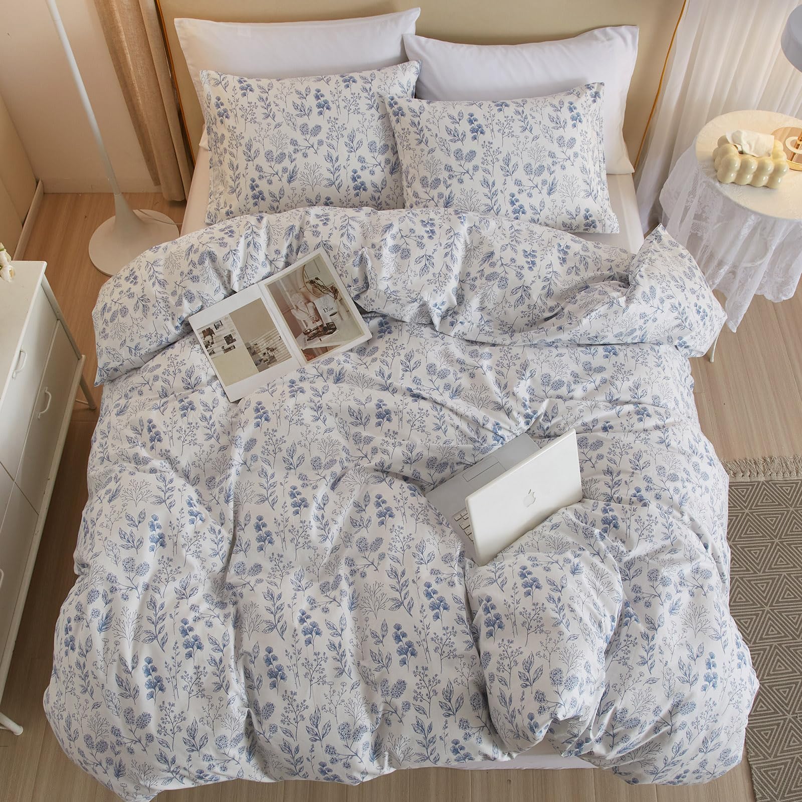 3 Pieces Duvet Cover Queen Size White Duvet Cover With Blue Floral Print,Soft Cotton Comforter Cover Boho Style,Aesthetic Queen