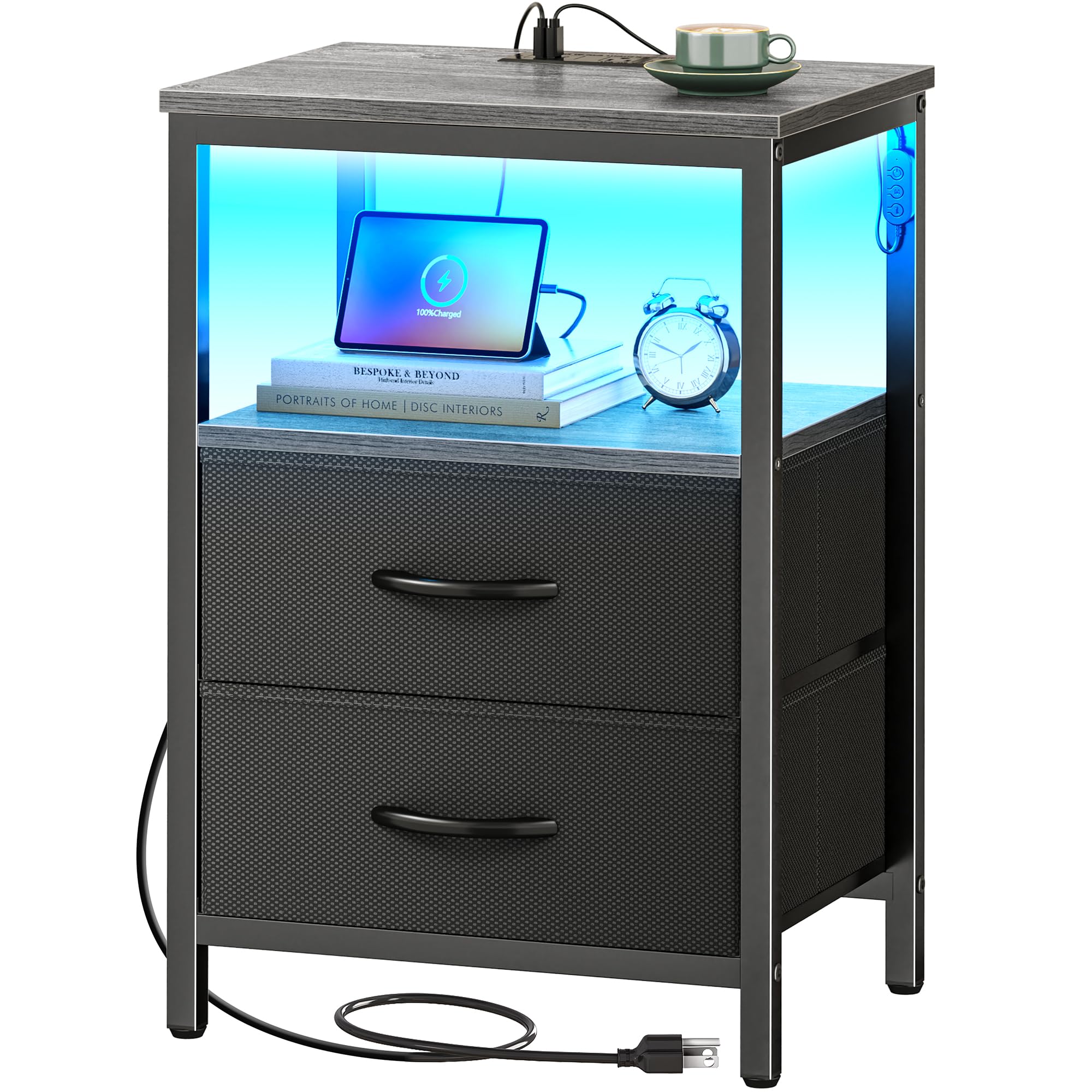 Huuger Night Stand with Charger Station and LED Lights, 2 Drawer Nightstand, Bed Side Table with Open Shelf, End Table, Fabric D