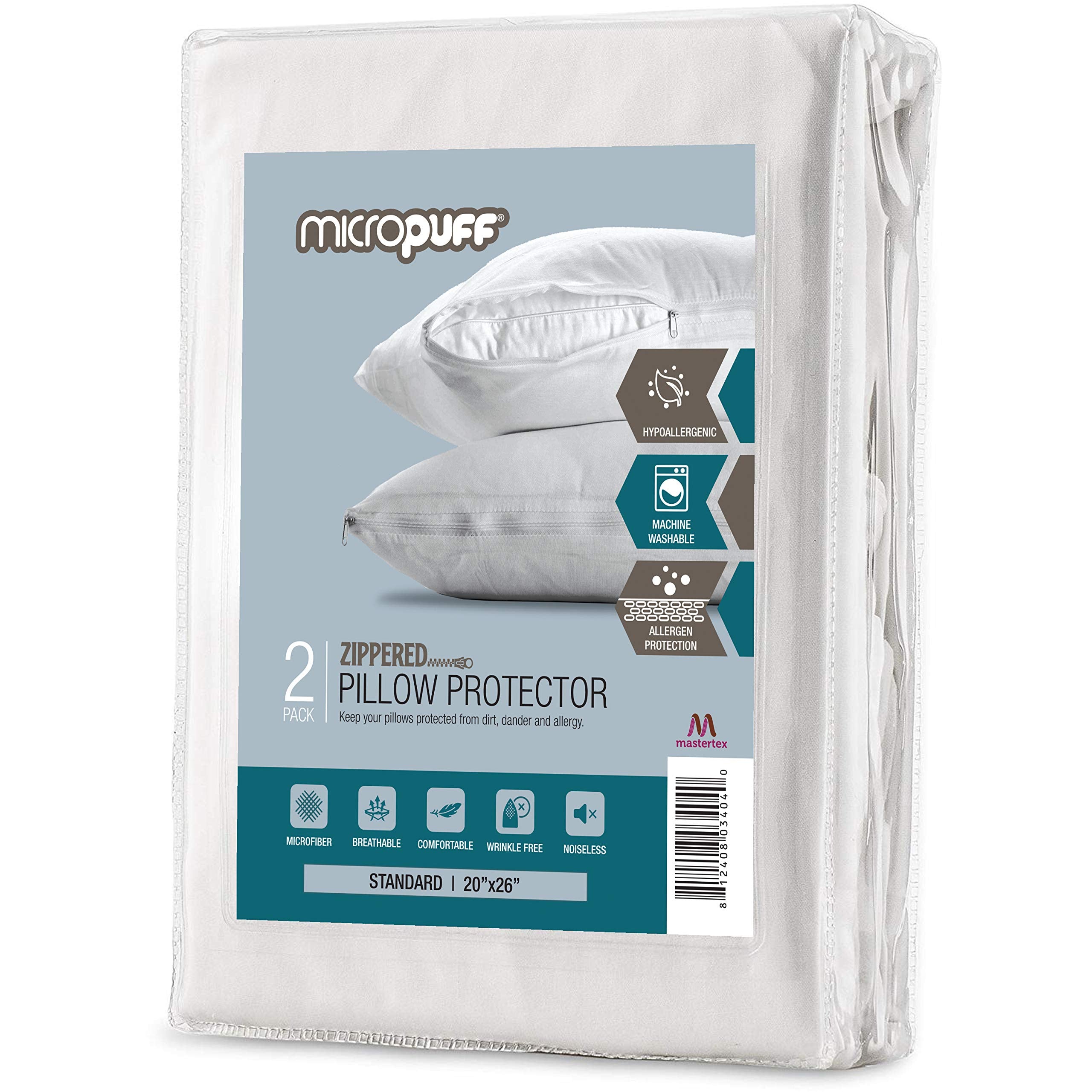 Micropuff Standard Size Pillow Protectors With Zipper - 2 Pack - Soft And Breatheable Hypoallergenic Pillow Cover. Pillowcase Pr