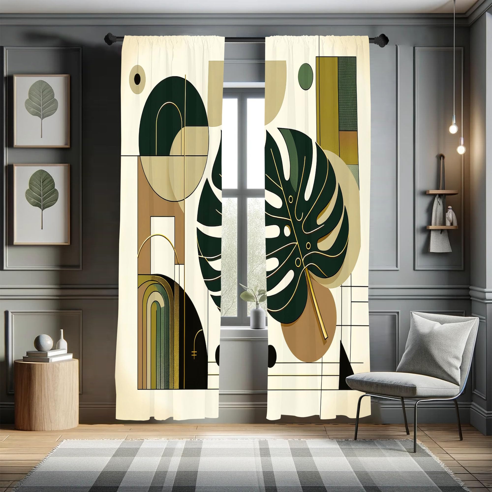 Ambesonne Modern Window Curtains Pack Of 2, Monstera Leaf With Mid Century Boho Geometric Rounds Lines Minimalist, Lightweight S
