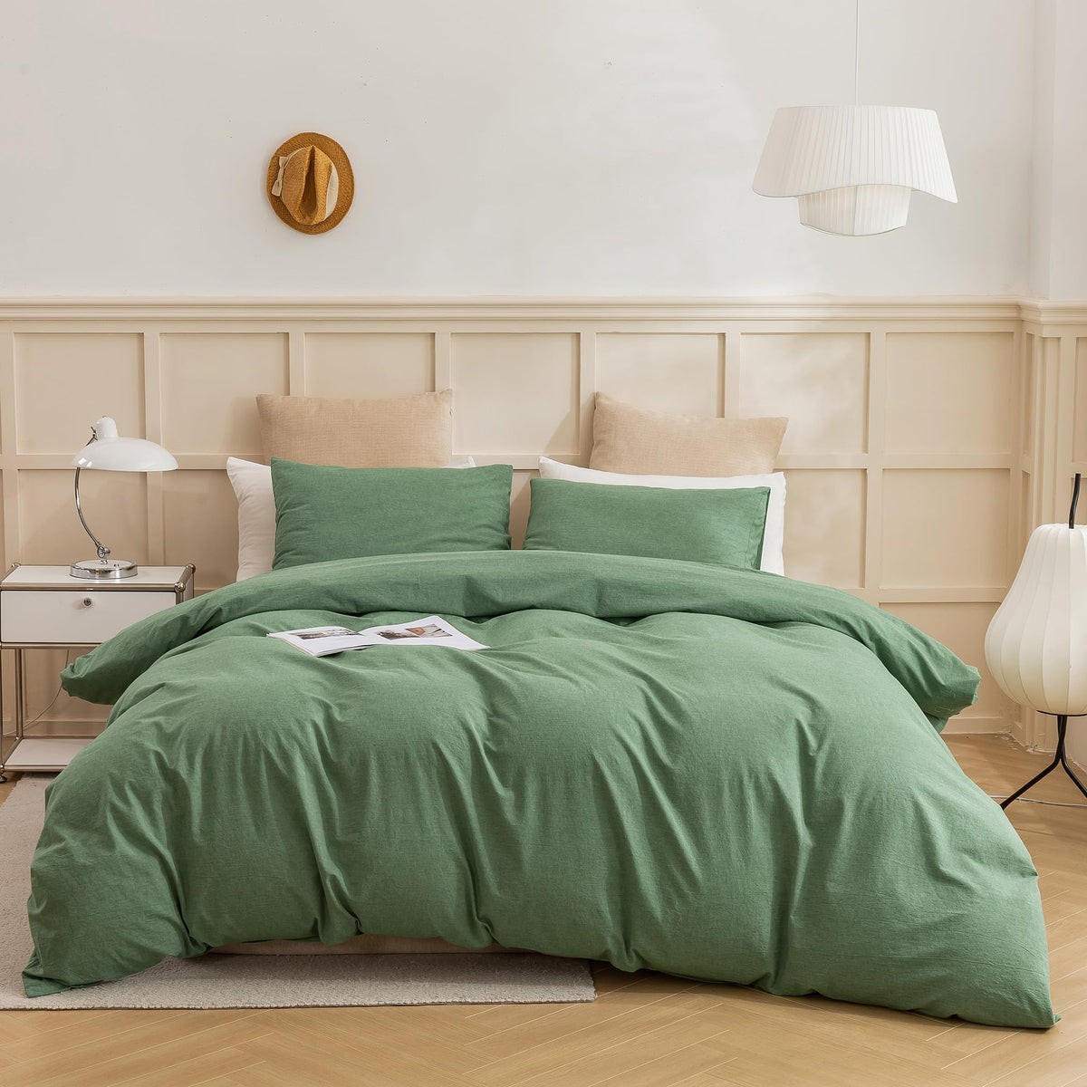 Ecocott Sage Green Duvet Cover Full Size, 100% Washed Cotton 3-Piece Bedding Set - Ultra Soft, Breathable & Easy Care With Zippe