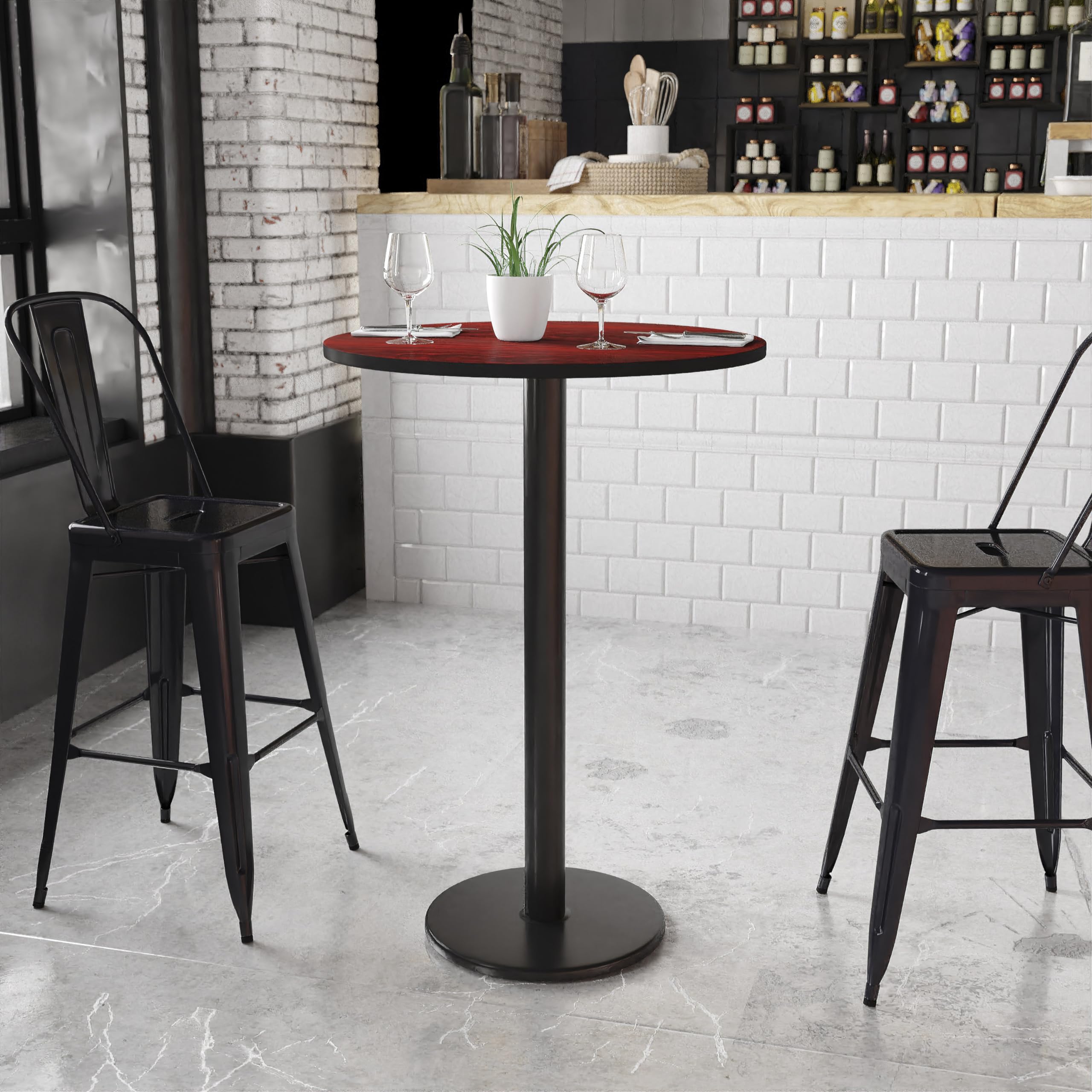 Flash Furniture 30'' Round Mahogany Laminate Table Top with 18'' Round Bar Height Table Base