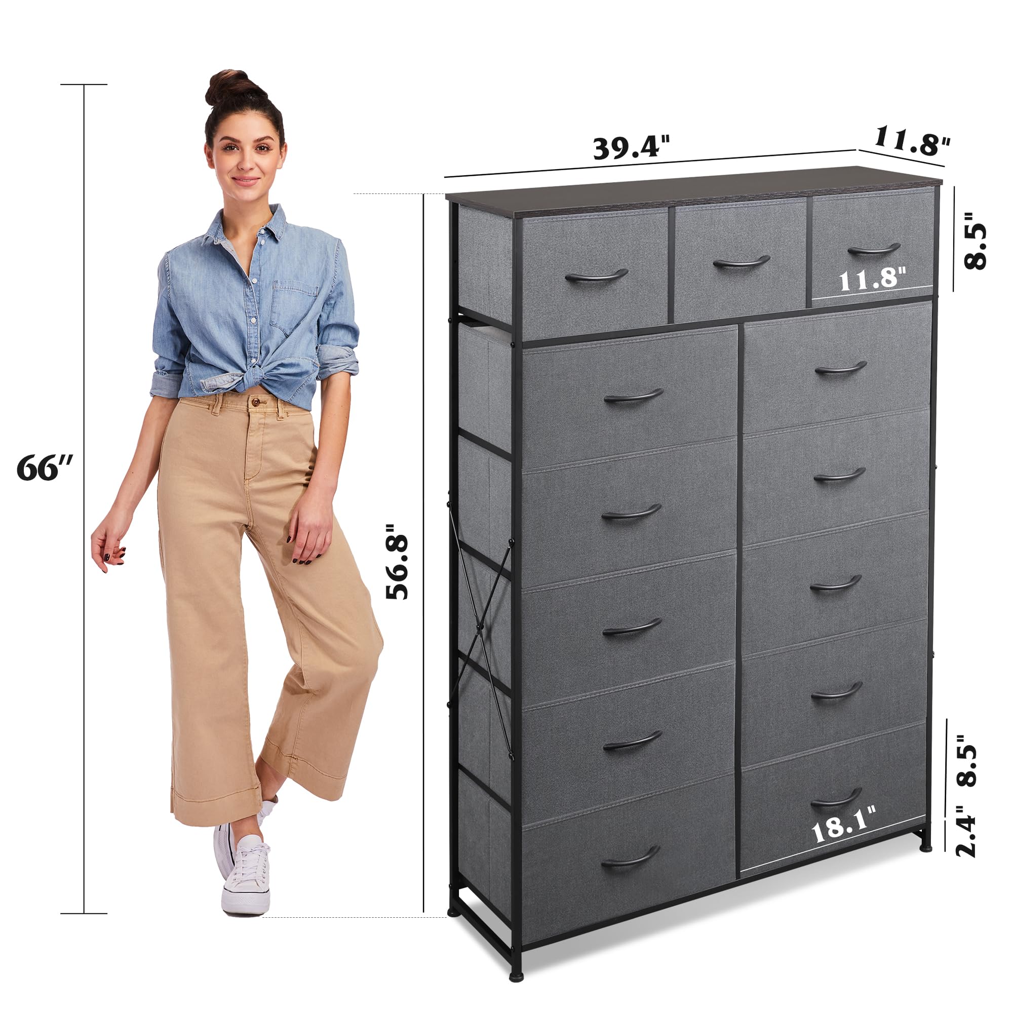 Wlive Tall Dresser For Bedroom With 13 Drawers, Storage Dresser Organizer Unit, Fabric Dresser For Bedroom, Closet, Chest Of Drawers With Fabric Bins, Steel Frame, Wood Top, Dark Grey