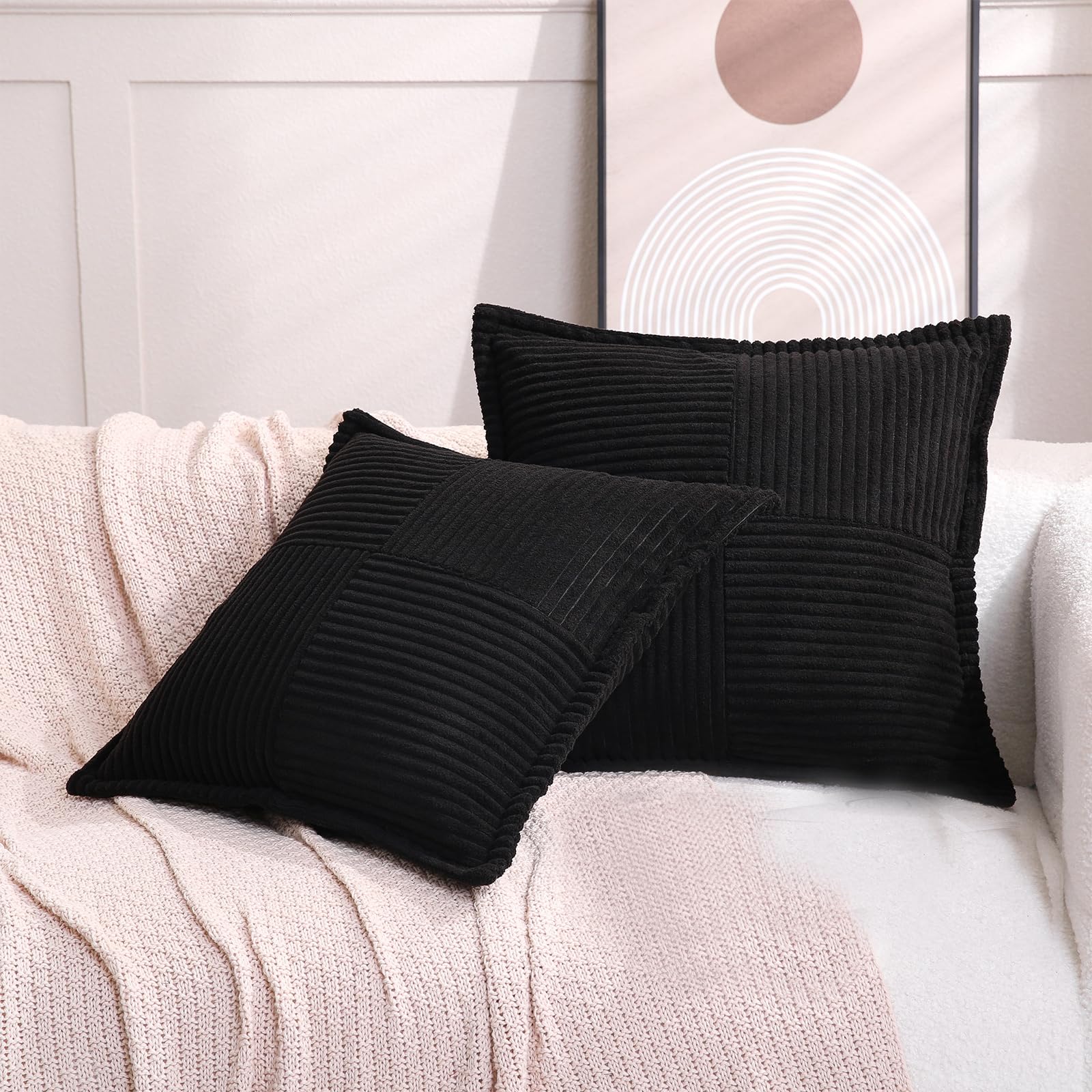 Puncuntex Corduroy Throw Pillow Covers Set Of 2 Boho Decorative Black 12?20 Inch,Super Soft Pillowcase Cozy Striped Texture Cush
