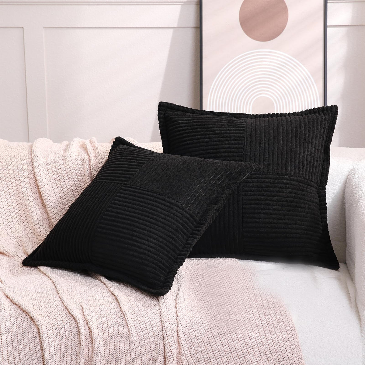 Puncuntex Corduroy Throw Pillow Covers Set Of 2 Boho Decorative Black 24?24 Inch,Super Soft Pillowcase Cozy Striped Texture Cush
