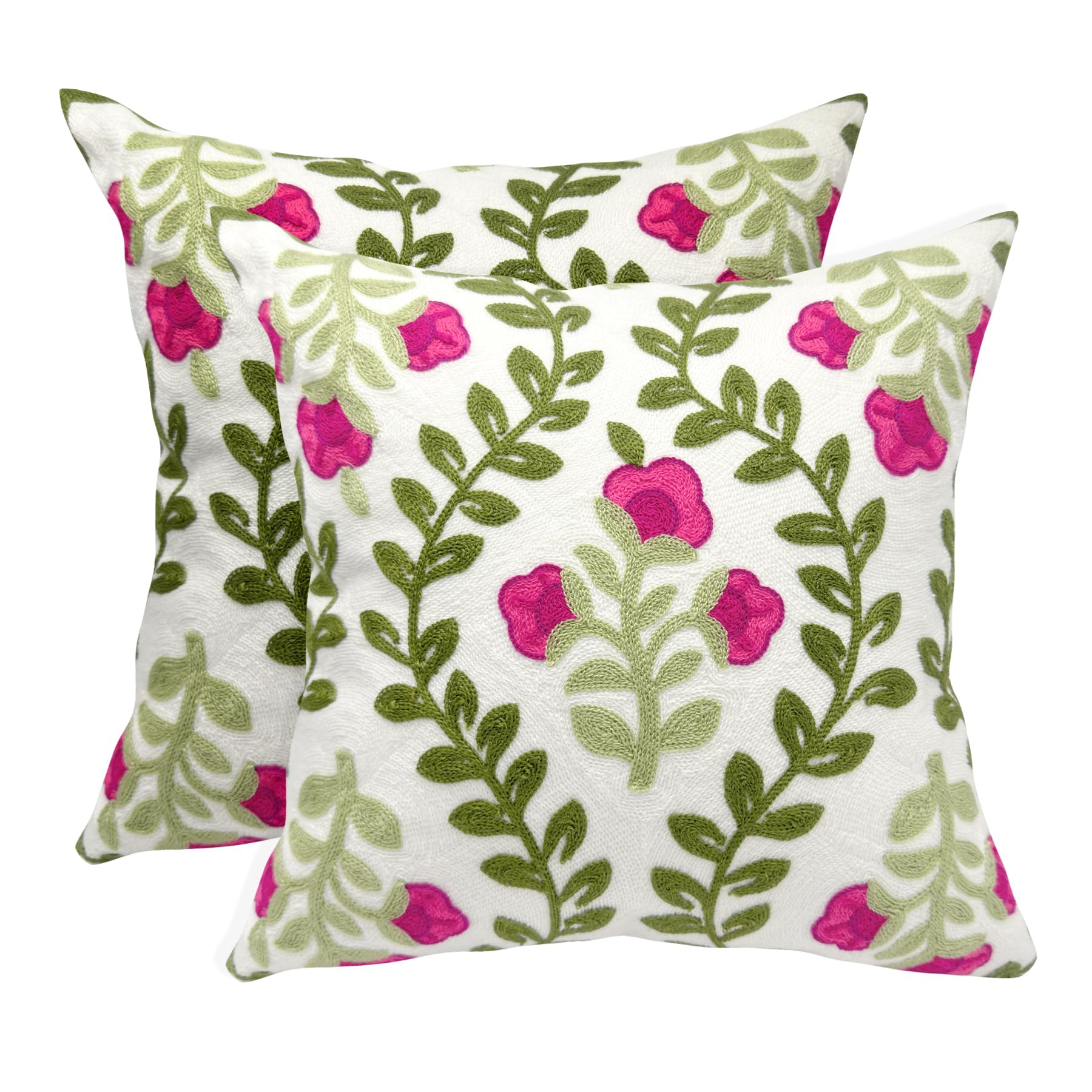 Alysheer Floral Embroidered Summer Decorative Throw Pillow Covers 18'X 18' Set Of 2, Farmhouse Cottage Hot Pink Flowers Green