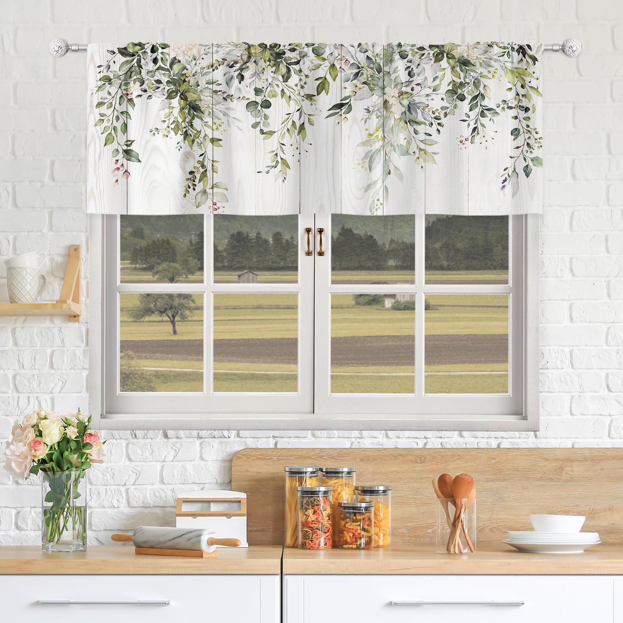 Riyidecor Green Eucalyptus Valances Curtains Watercolor Floral Plants Leaves On The Top Botanical Farmhouse Wood Plank Rod Pocke