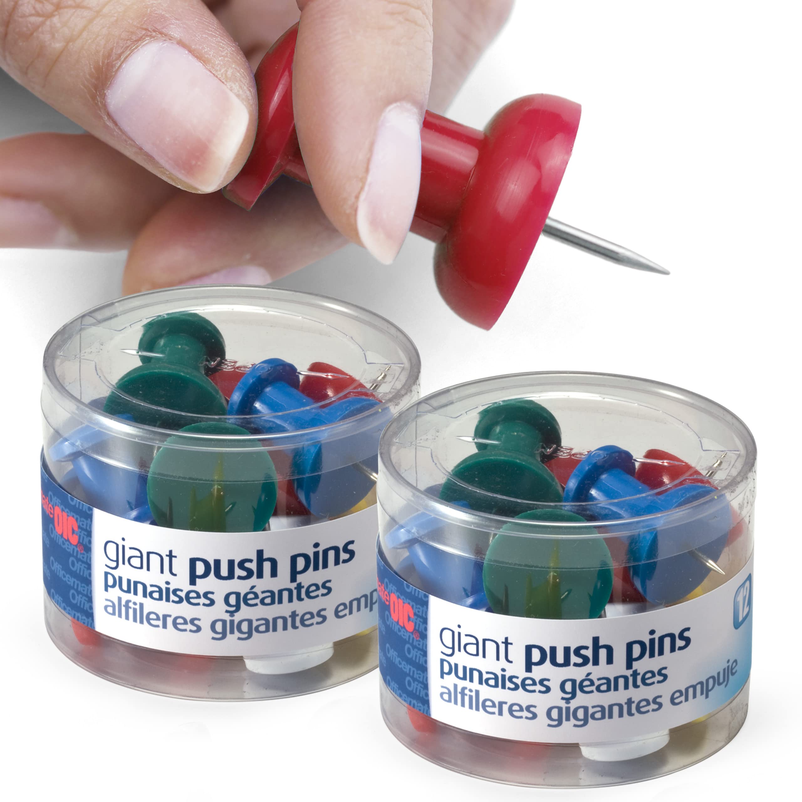 Officemate Giant Push Pins, 1.5' Assorted Colors, 2 Tubs Of 12 (92905)