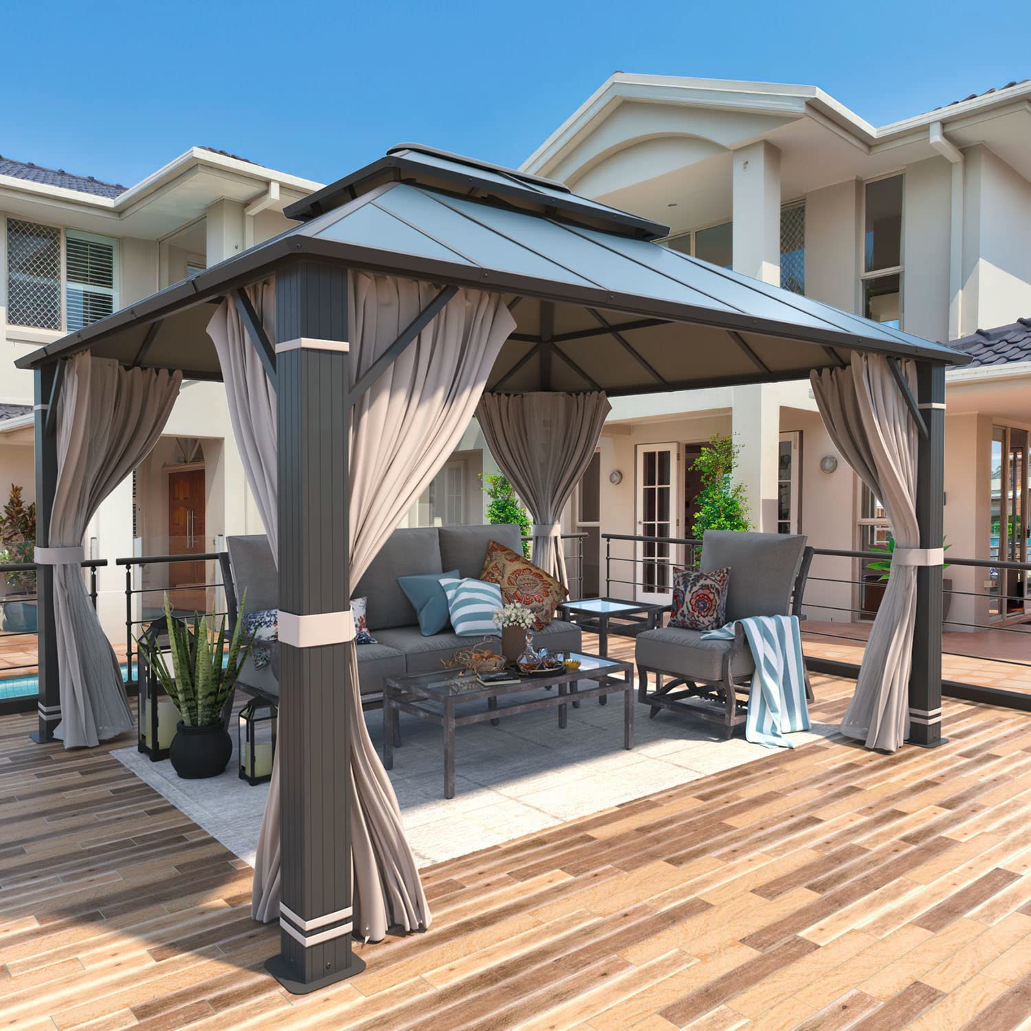 Yoleny 10' X 12' Hardtop Gazebo, Aluminum Composite Double Roof Patio Gazebo, Permanent Outdoor Aluminum Gazebo For Patio Lawn A