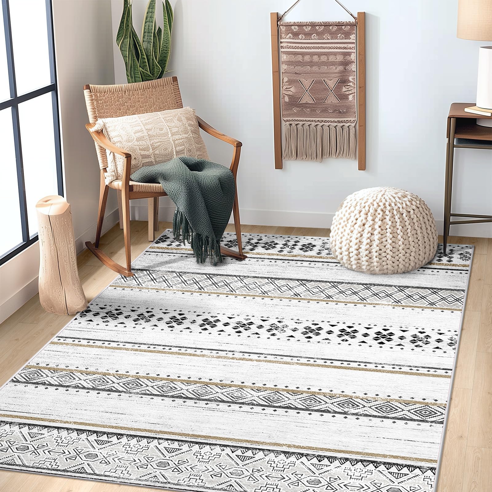 BESTSWEETIE 4x6 Area Rug for Living Room Washable Rug Moroccan Farmhouse Neutral Geometric Low Pile Water Repellent Non-Slip Sof