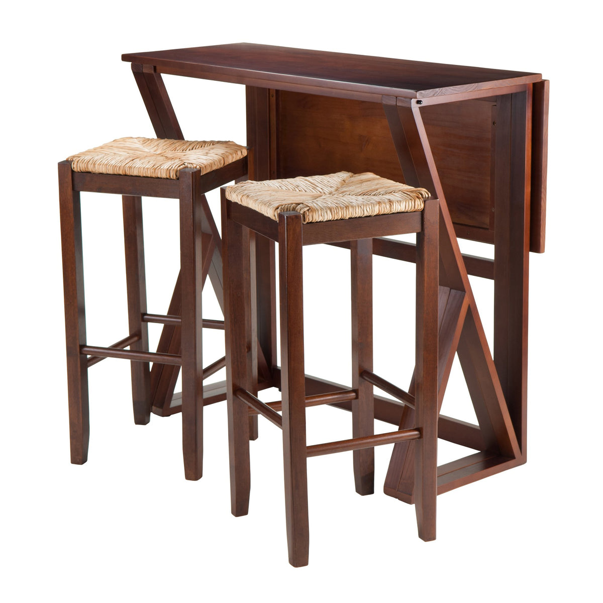 Winsome 3-Piece Harrington Drop Leaf High Table With 2 Rush Seat Stools, 29-Inch, Brown