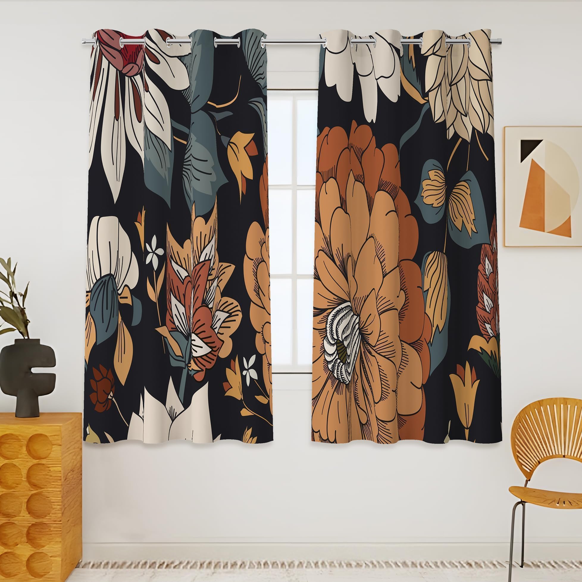Tyrot Black Boho Floral 100% Blackout Curtains 45 Inch Long 2 Panels Mid Century Modern Botanical Grommet Thermal Insulated Room