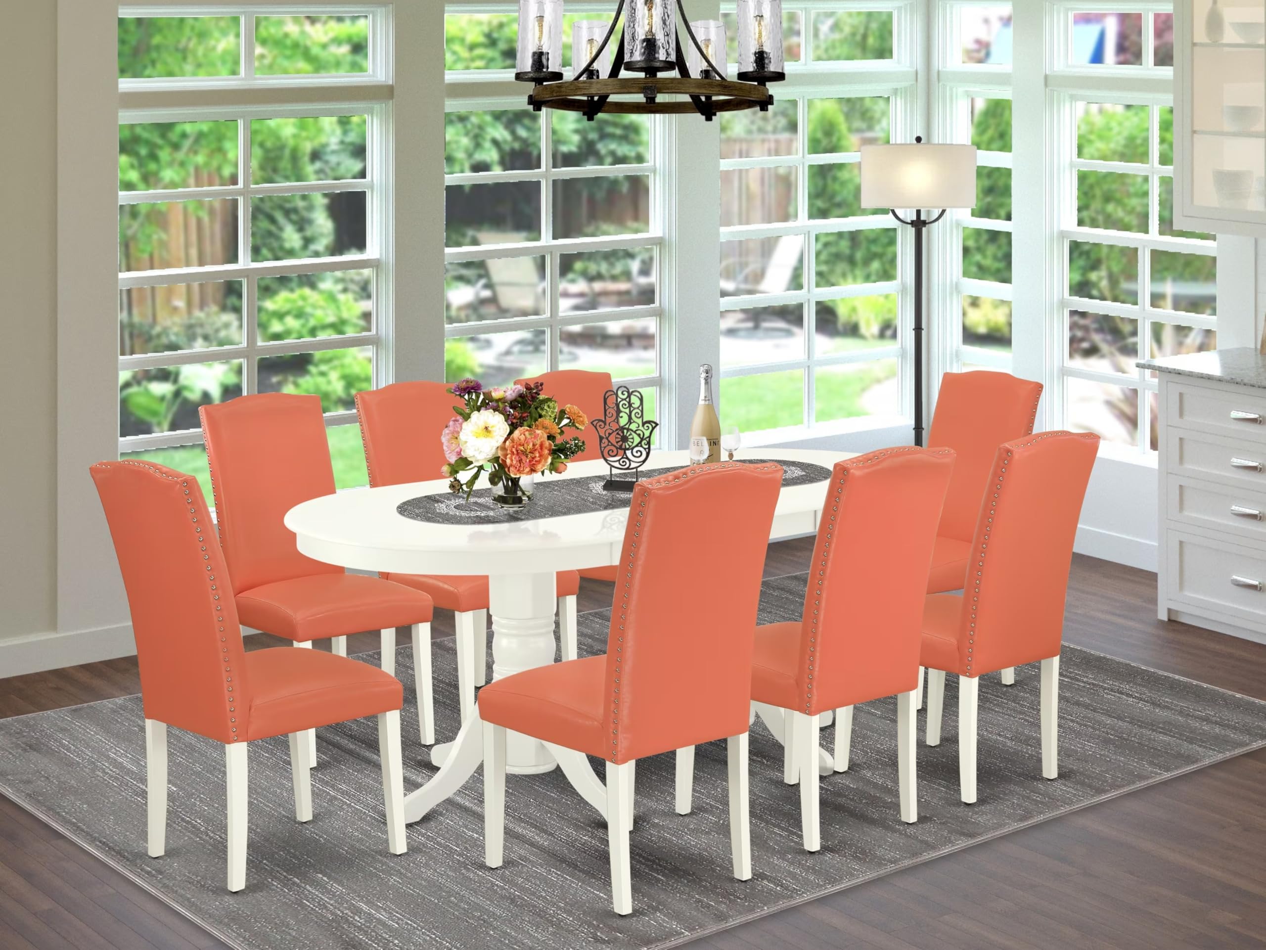 East West Furniture Vaen9-Lwh-78 9 Piece Dining Set Includes An Oval Dining Room Table With Butterfly Leaf And 8 Pink Flamingo Faux Leather Upholstered Chairs, 40X76 Inch, Linen White