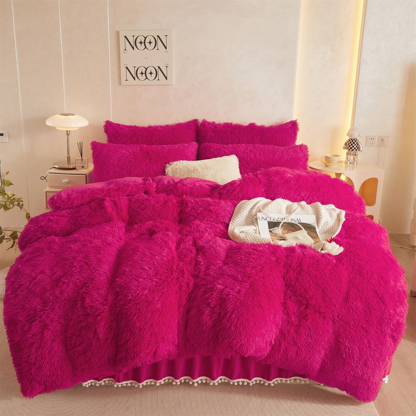 Haihua Fluffy Hot Pink Comforter Cover Queen Set,Faux Fur Pink Bedding Sets Queen 3 Pieces(1 Plush Duvet Cover +2 Shaggy Pillowc
