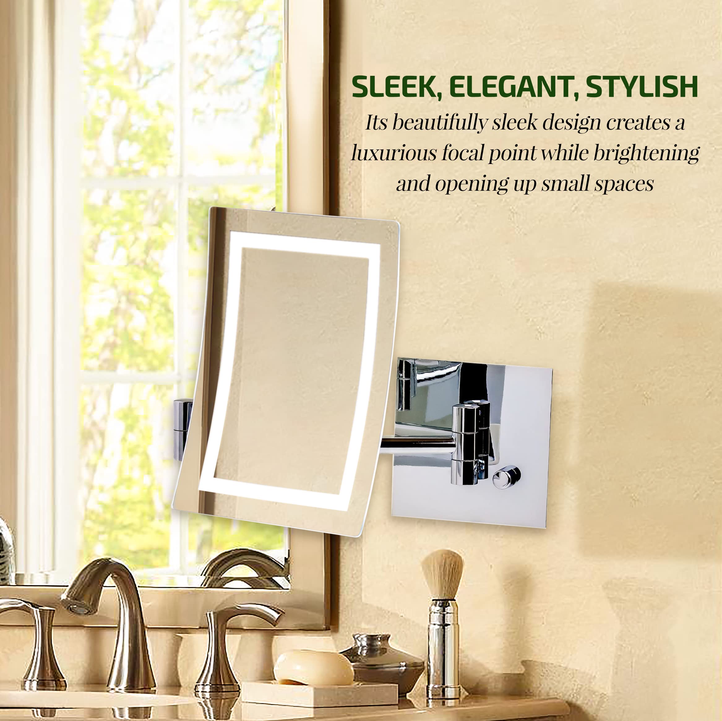 Ovente 7' Lighted Wall Mount Makeup Mirror, 7X Magnifier, Square White Led W/Dimmer Switch, One Sided Adjustable, Extend & Fold