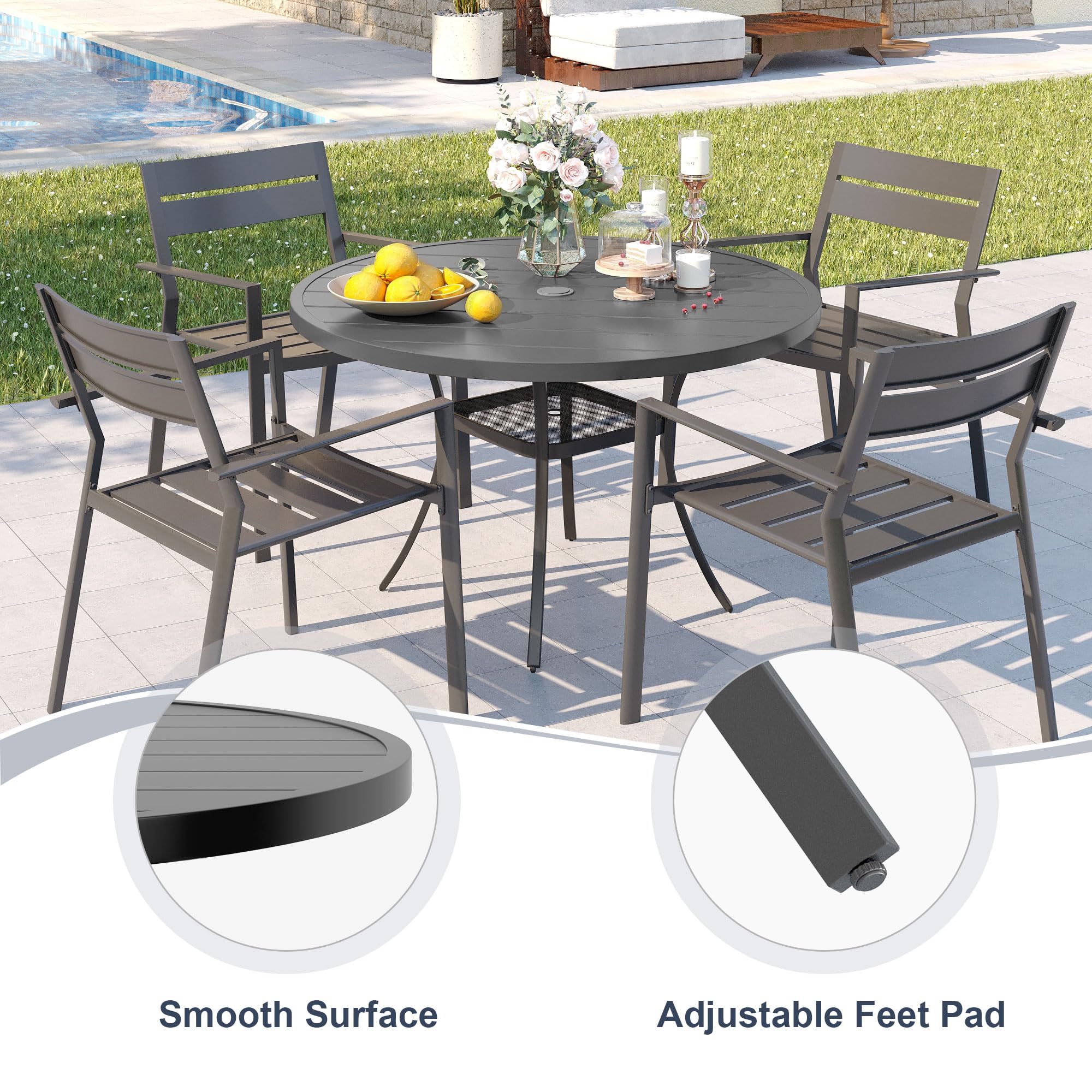 Vicllax Round Patio Dining Table, 4 Person Metal Outdoor Dining Table With Umbrella Hole & Storage Shelf For Garden Lawn Deck, 42' Dark Grey