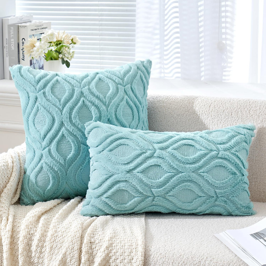 Miulee Sky Blue Throw Pillow Covers 20X20 Inch, Soft Winter Plush Faux Wool Couch Pillow Covers Set Of 2 Decorative Farmhouse Boho Throw Pillows For Sofa Living Room Bed