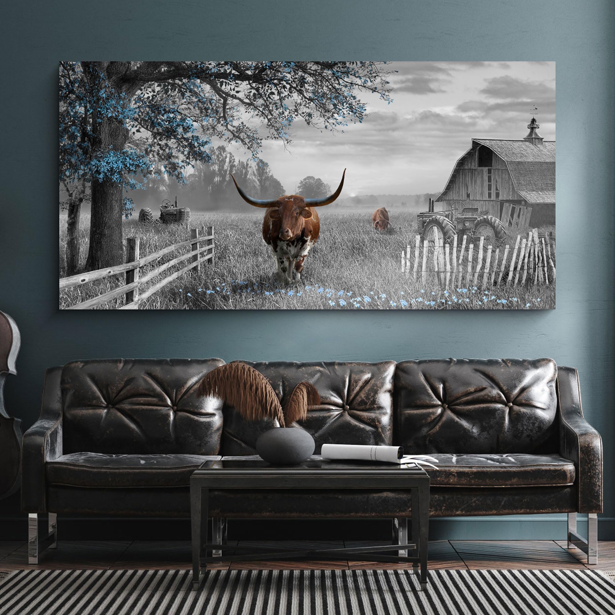 yiijeah Large Wall Art Brown Cow Wall Decor Blue Tree Pictures Farmhouse Wall Decorations for Living Room Rustic Wall Decor for 