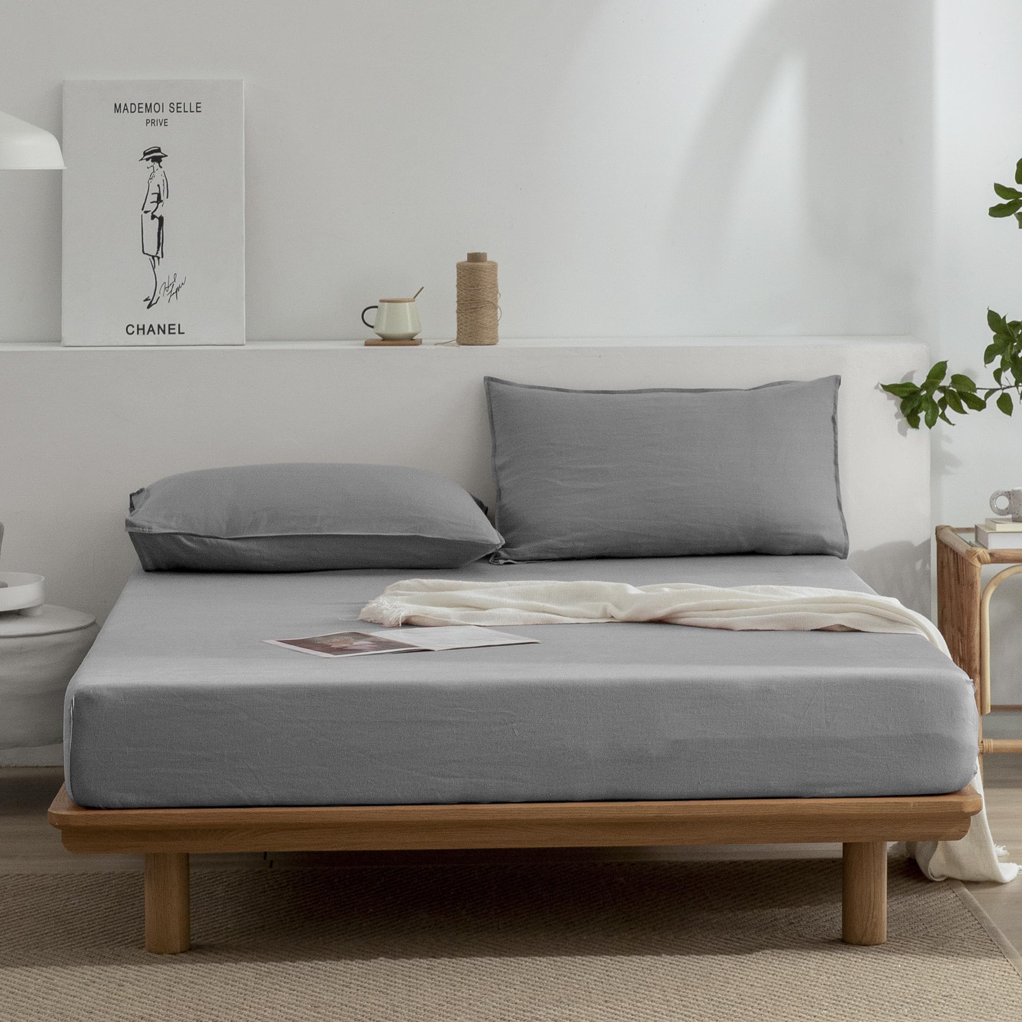 Everly Linen Sheets California King Size 100% French Stonewash Pure Linen Bed Sheets 4Pieces (1Flat Sheet,1Fitted Sheet,2Pillowc