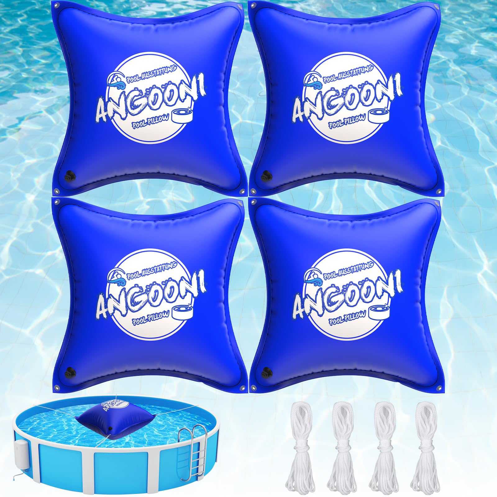 Angooni (4 Pack) 4X4 Heavy-Duty Pool Pillow With 16X20Ft Ropes - 0.4Mm Pvc Pool Pillows For Winter With Boston Dual-Inflation Va