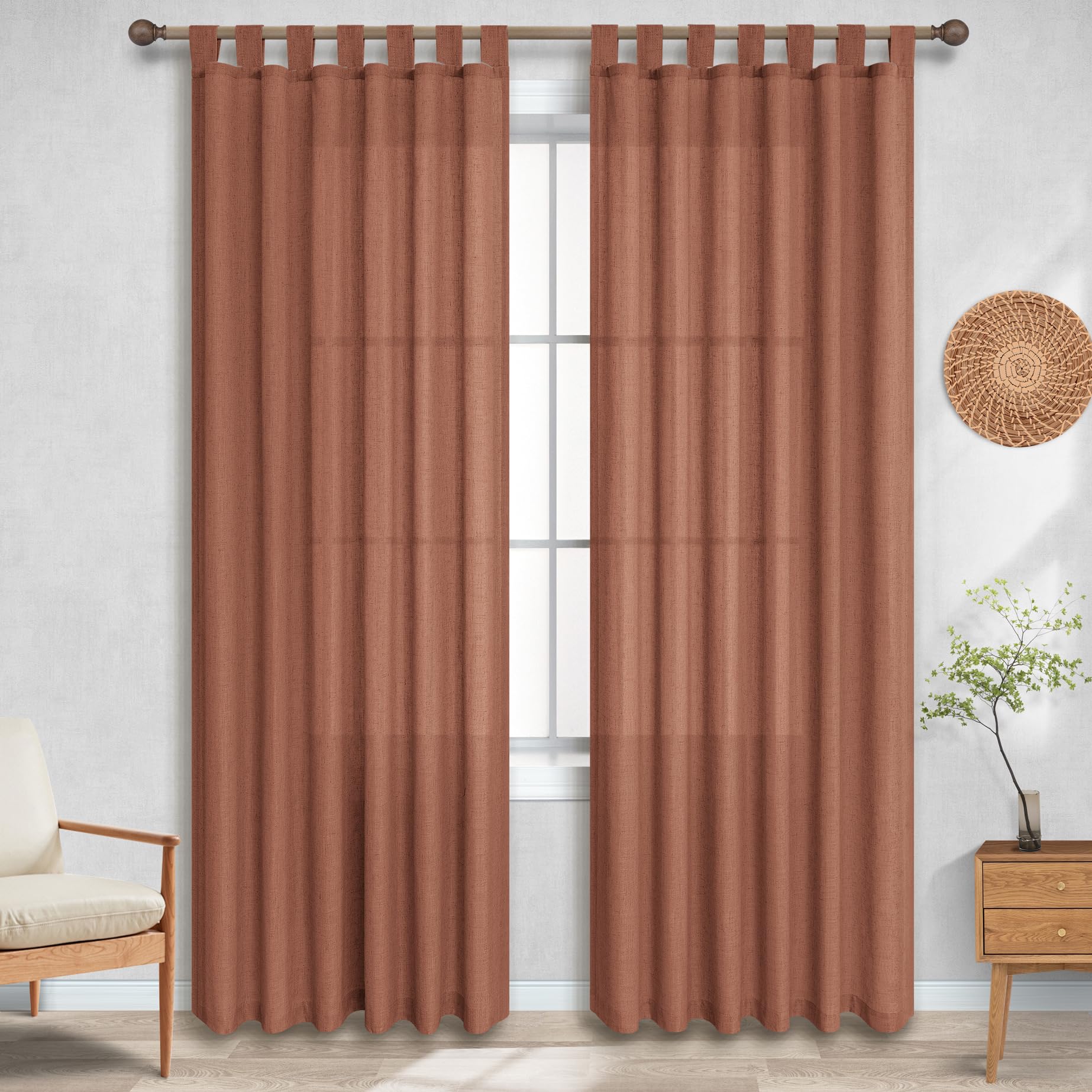 Koufall Terracotta Tab Top Linen Blend Curtains For Living Room 52X84 Inches Long