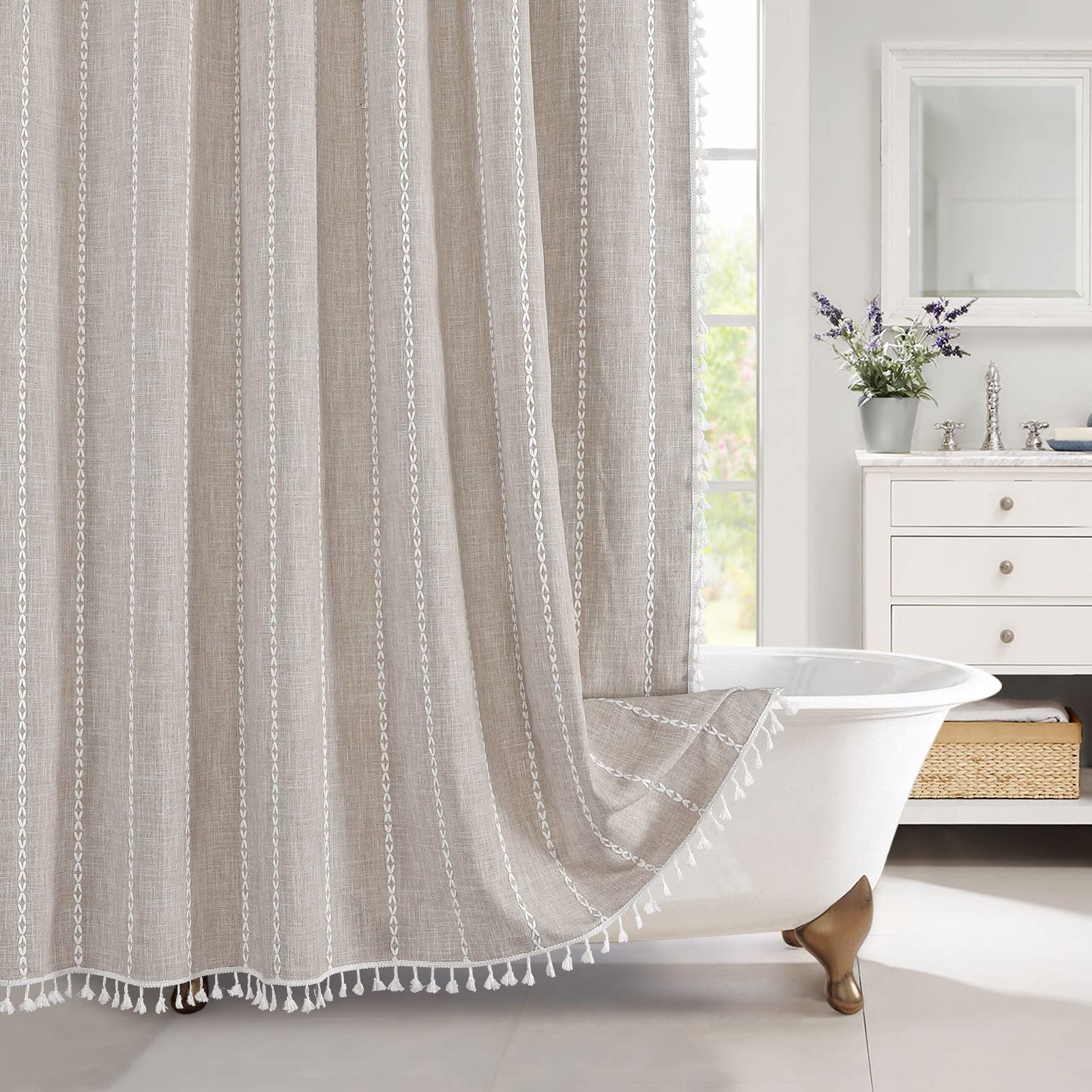 Mitovilla Boho Farmhouse Fabric Shower Curtain, Tan Brown Modern Cotton Linen Shower Curtains For Vintage Country Bathroom Decor
