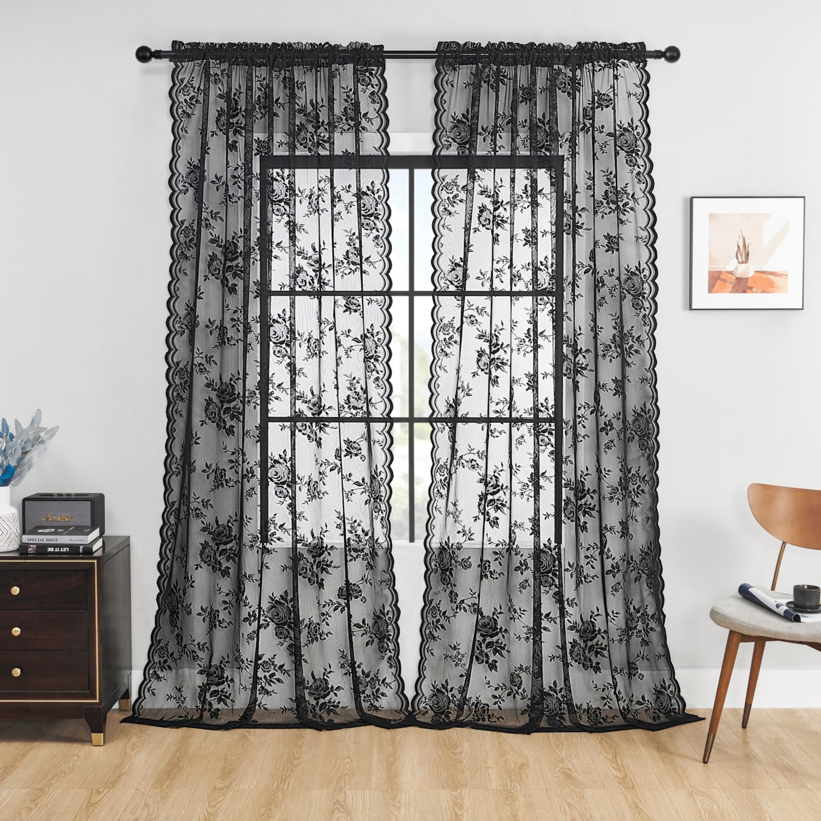 Black Lace Curtains 108 Inches Long Gothic Floral Sheer Curtains for Living Room Bedroom Rod Pocket Light Filtering French Large