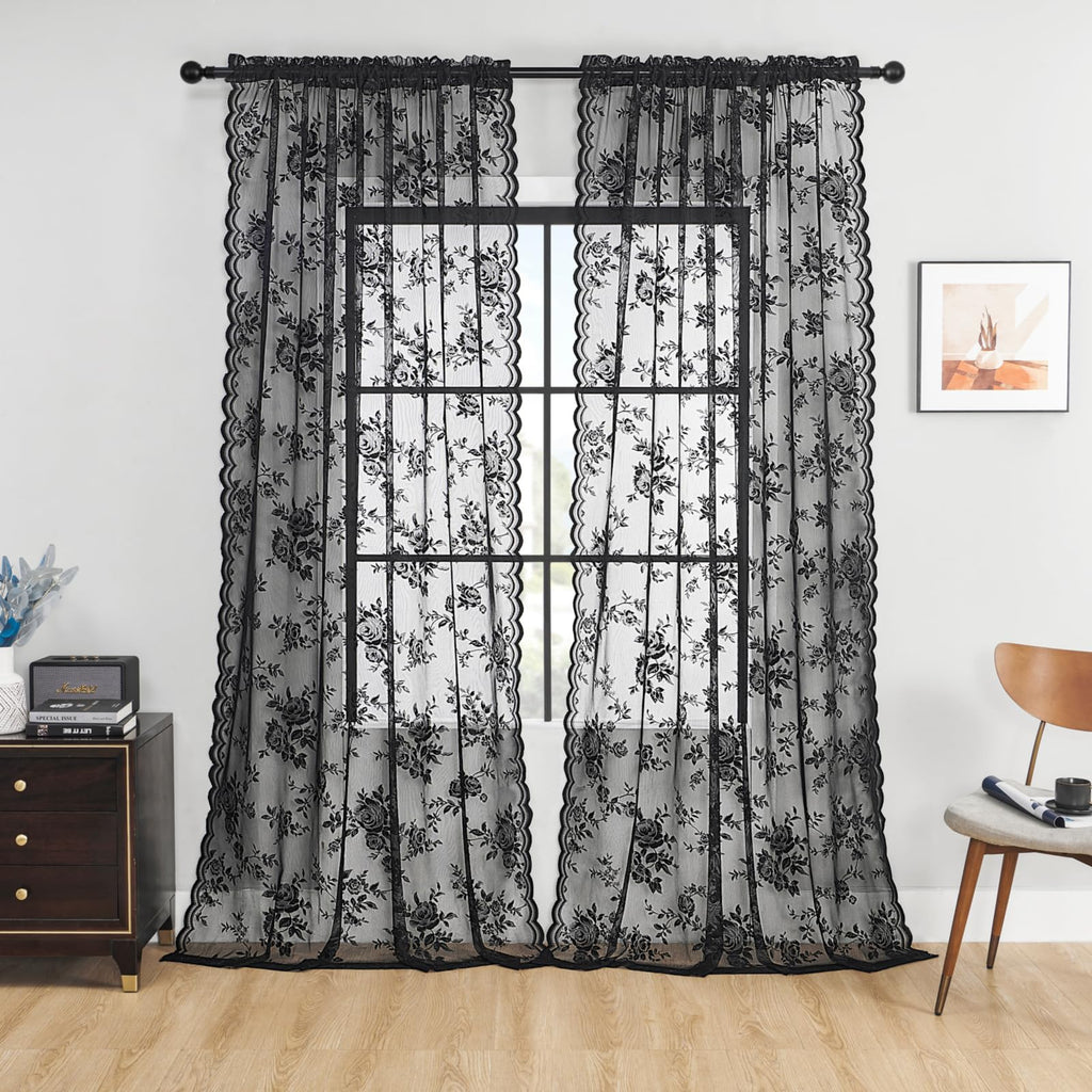 Seekright Black Lace Curtains 45 Inch Length Sheer Floral Curtains For Kitchen Cafe Rod Pocket Light Filtering Small Window Vict