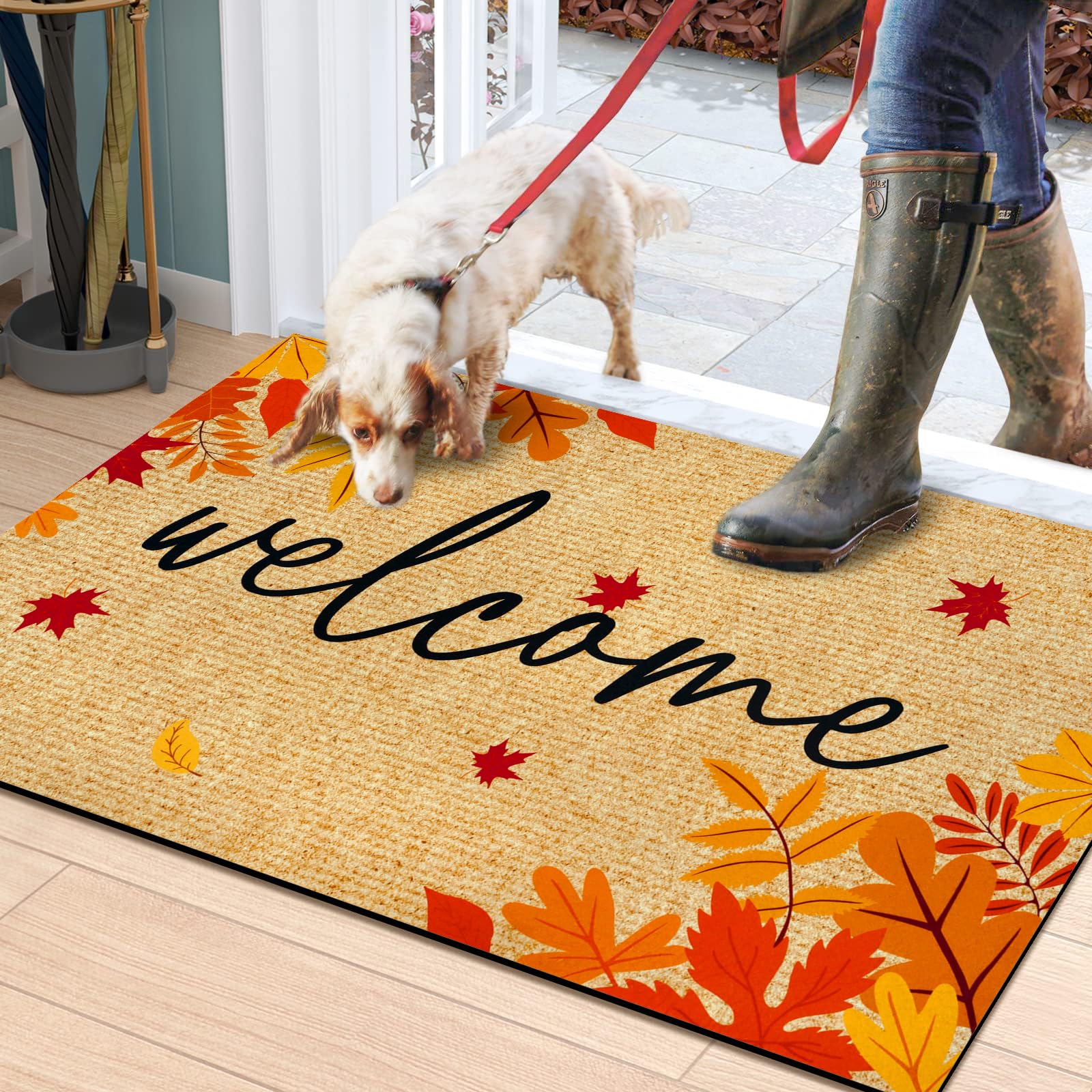 Framics Fall Welcome Door Mat, Thanksgiving Front Doormats Home Entrance, Non Slip Doormat With Rubber Backing, Maple Leaves Abs